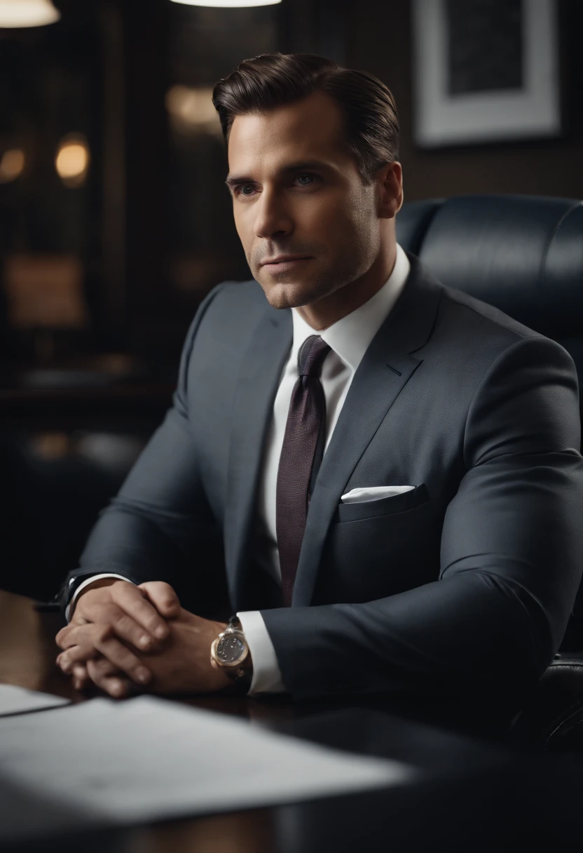 Portrait of New York businessman in suit sitting behind desk facing front This man must be handsome and elegant The image must be clear, Sharp and 8K、Behind him you need to see New York