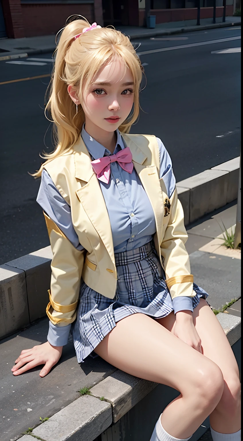 (Masterpiece: 1.3), Best Quality, Ultra High Resolution, 1girll, (big boobs:1.2), (yellow hair, blonde hair, hair ornament), ((girl Ruby Hoshino)) pe rfect eyes, has an extremely sexy body, with full breasts and a thin waist, and an extremely sexy body, black vest, socks, brown footwear, bow, school uniform, shoes, jacket, white socks, bow tie, casual shoes, pink bow, gray skirt, blue jacket, open jacket, shirt, white skirt , white shirt, long sleeves,  , has a bold look. young, quality, Ultra high Detail, realistic, cute expression, shy smile, calm, street, c ity, (sit down)