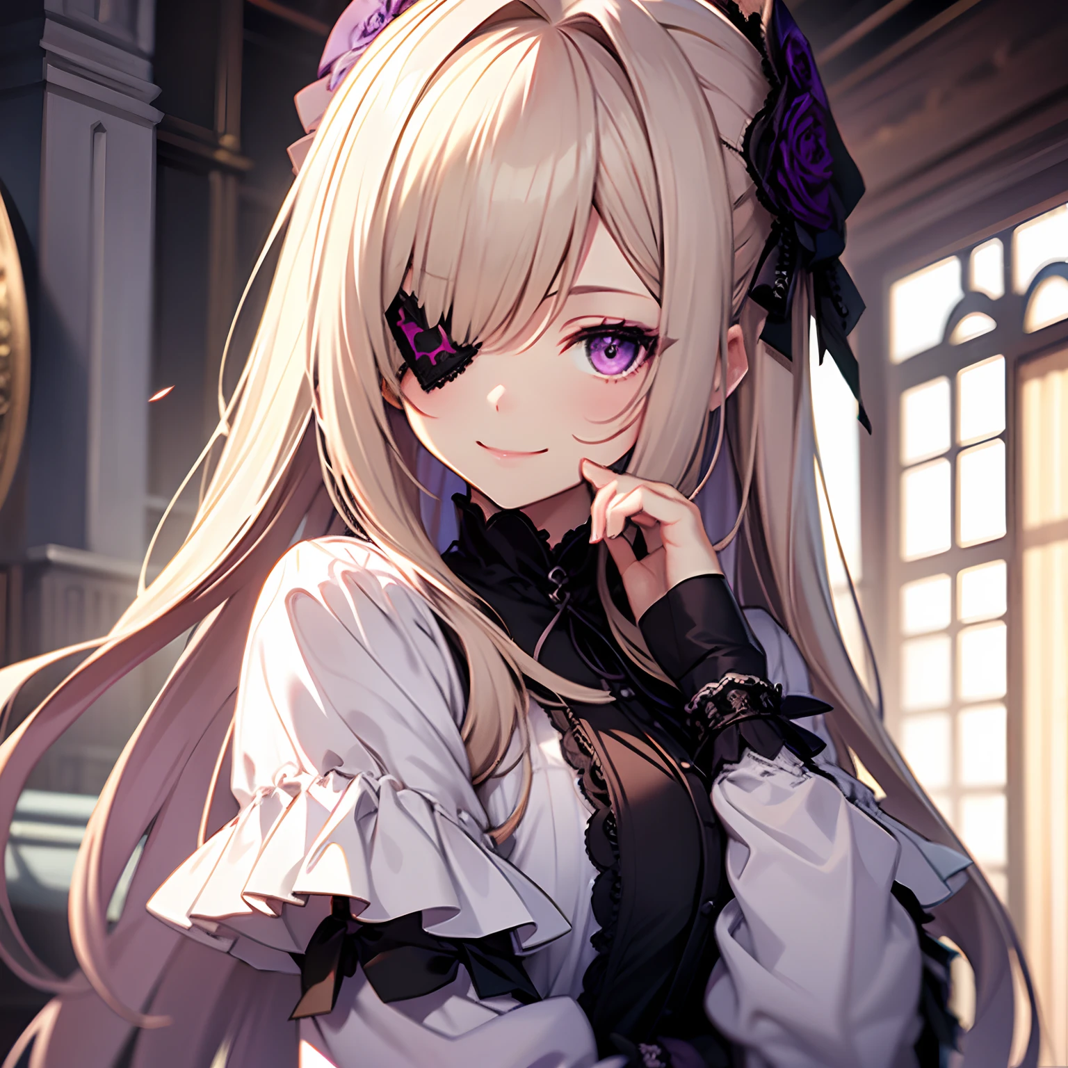 Cute s、long、Smile、pale blond hair、Purple Eye、Lolita、gotik、an eye patch
