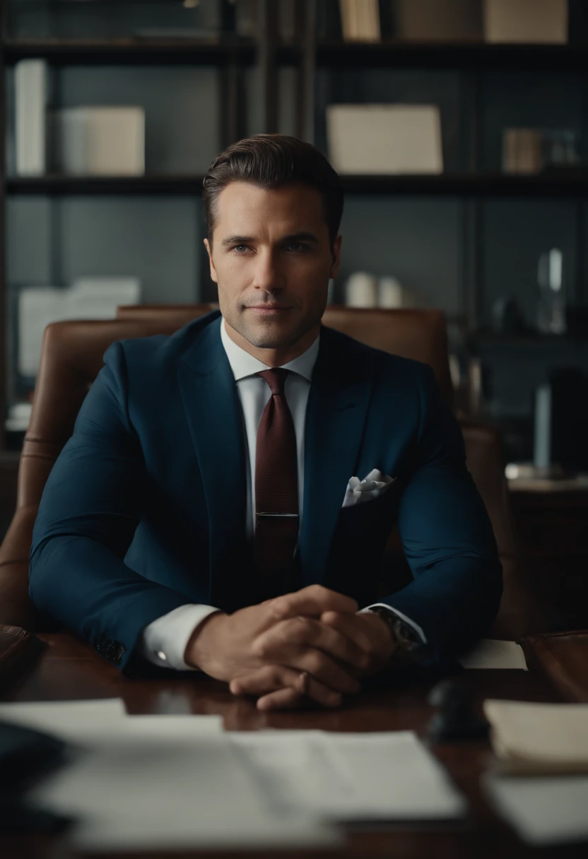 Portrait of New York businessman in suit sitting behind a desk facing the front This man must be handsome and elegant The image must be clear, Sharp and 8K、Behind him you need to see New York