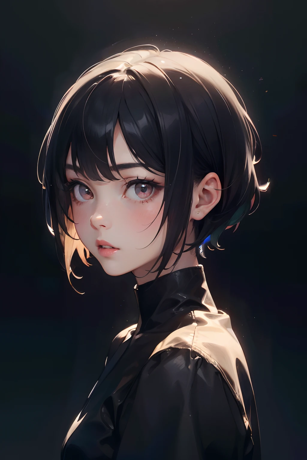 a 20 yo woman、A dark-haired、Bery short hair、(hi-top fade:1.3)、dark themed、Muted Tones、Subdued Color、highly contrast、(natural skin textures、Hyper-Realism、Soft light、sharp)