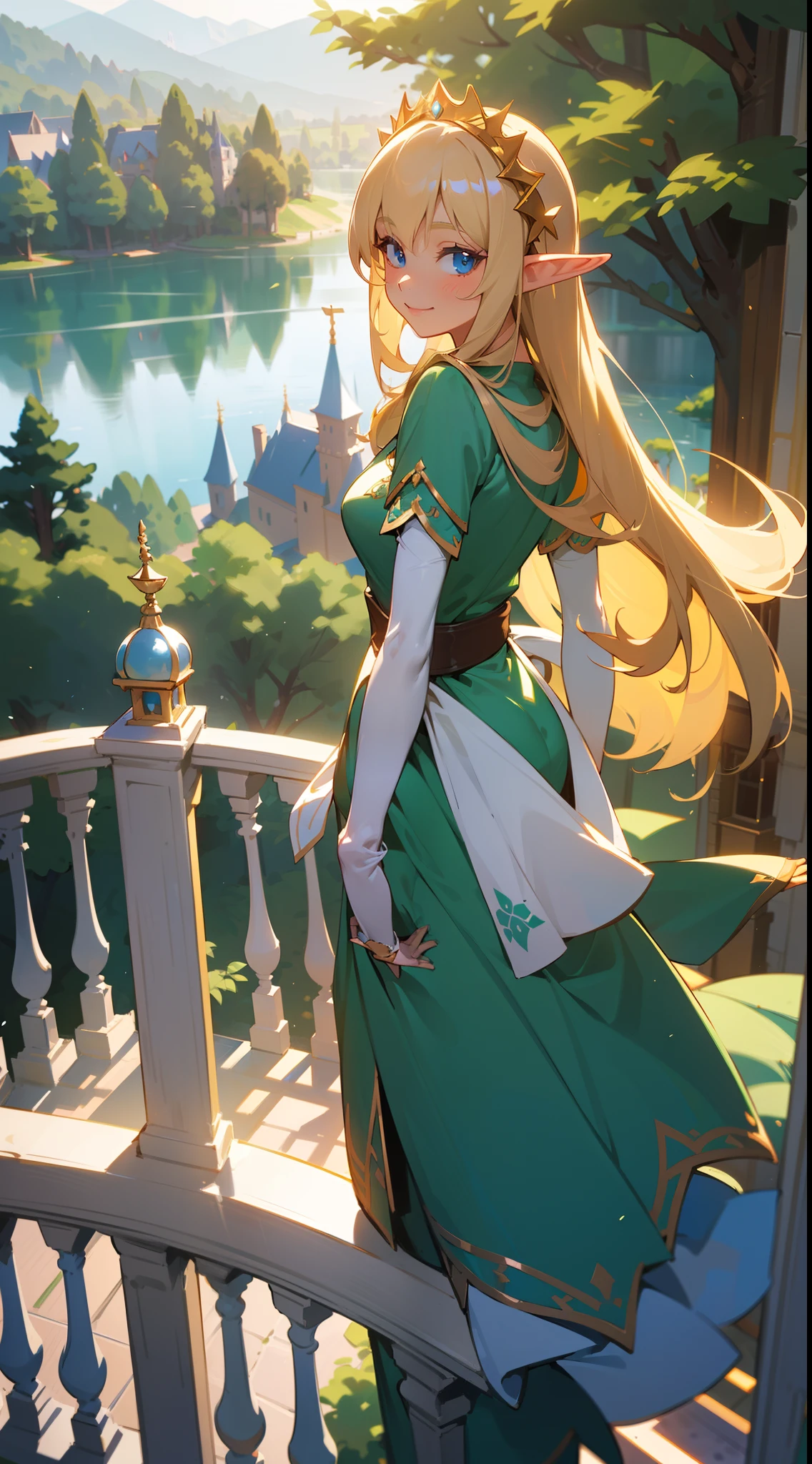 1girl, 30 years old,solo, long hair,medium breasts,elf ears,(light blonde hair), blue eyes, happy face,smile,green princess dress,princess gloves, ((standing on a balcony in an elf castle,hidden arms, trees, houses,lake,looking at viewer, looking back,sunlight)),cowboy shot