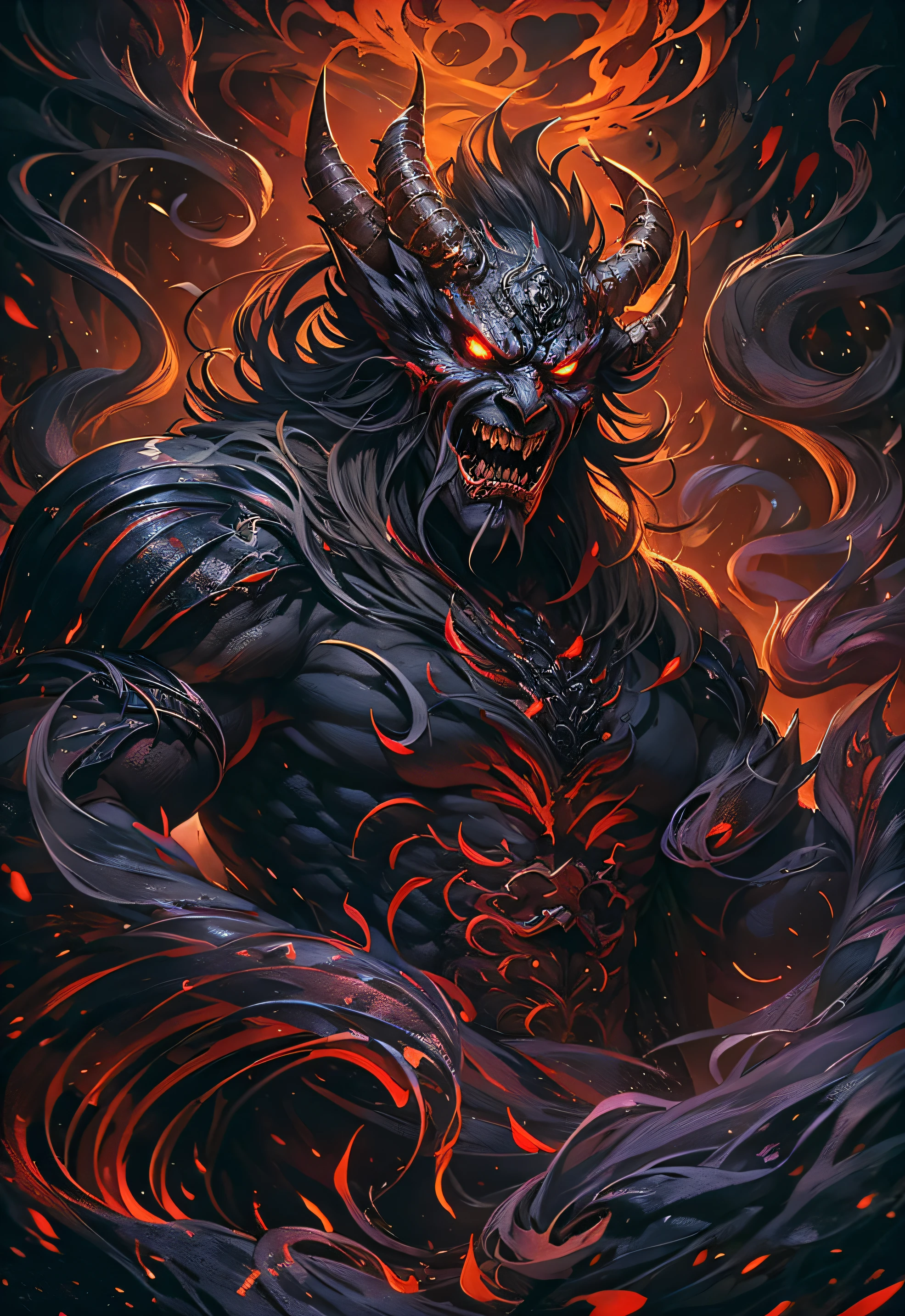 Hell Demon, Black-scaled youkai, Chinese legend hell scene, Extreme horror, Zhang Yimou's film style, The picture is bright, Extremely detailed line drawings CG artwork, See the devil clearly, Demonic face, Detailed face, There is an open and clenched fist state, Light and shadow effect, Beautiful and dynamic pose, Detailed rendering, Colorful scenes, Full of depth, Vibrant lighting effects, Sketch a magnificent and mysterious atmosphere