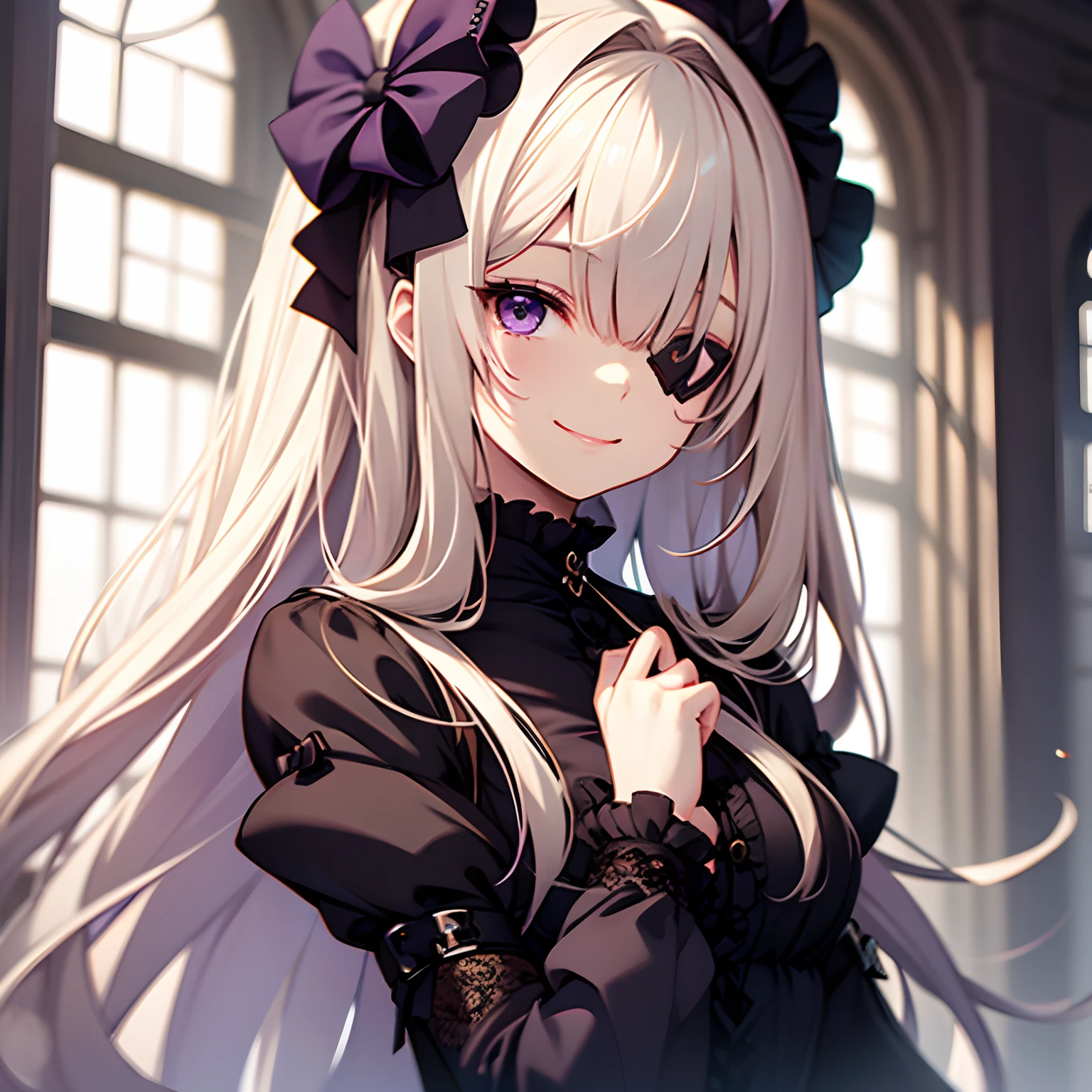 Cute s、long、Smile、pale blond hair、Purple Eye、Lolita、gotik、an eye patch