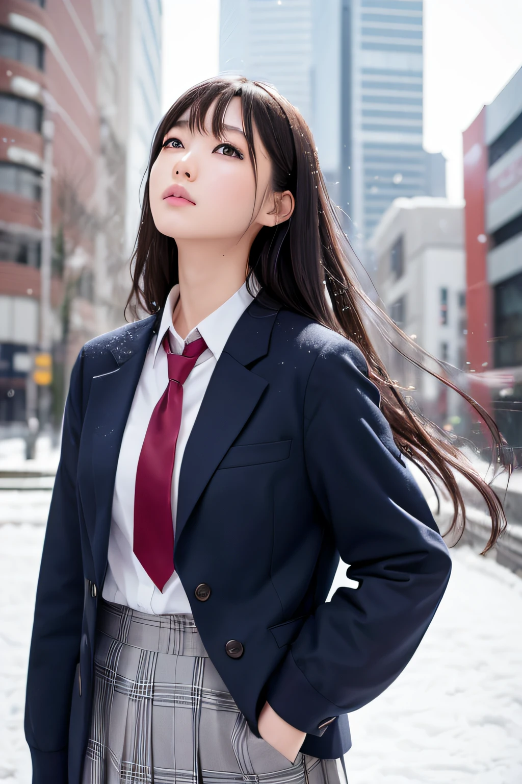 Best Quality、masutepiece、超A high resolution、(Photorealistic:1.4)、adult lady、modeled、long legged、(Thin eyebrows:0.2)、(thin lipss:0.8)、(small nose:0.8)、Appearance without makeup、(japanese hight school uniform:1.2)、Blazer Uniform、neck tie、Plaid mid-length spline skirt、(Looking up at the sky:1.2)、Shooting from below、spreading arms widely、Colossal tits、(the perfect body:1.2)、Park at night、snowflakes falling、wetting hair、Snow falls on clothes、By Michelangelo、ulzzang -6500-v1.1