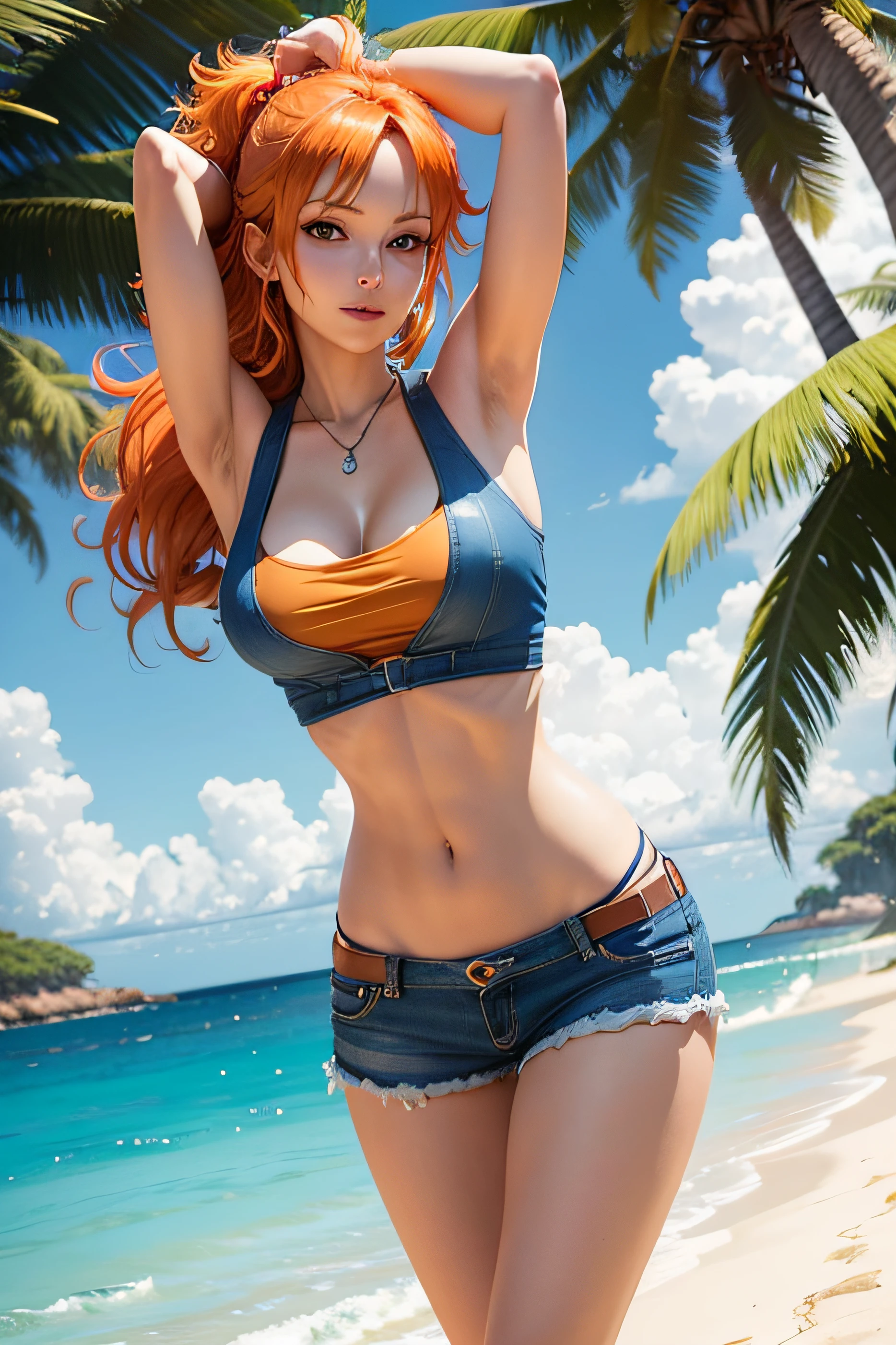 Generate an alluring and stylish image of Nami from One Piece. She should be portrayed as confident and attractive, wearing her signature orange crop top, blue denim shorts, and brown sandals. Her long orange hair should flow elegantly, and she should have a flirtatious smile on her face. The background should be tropical, with palm trees and a hint of the sea to reflect her love for navigation and adventure. Ensure that her features and pose exude charm and sexiness, while staying true to her character's essence.