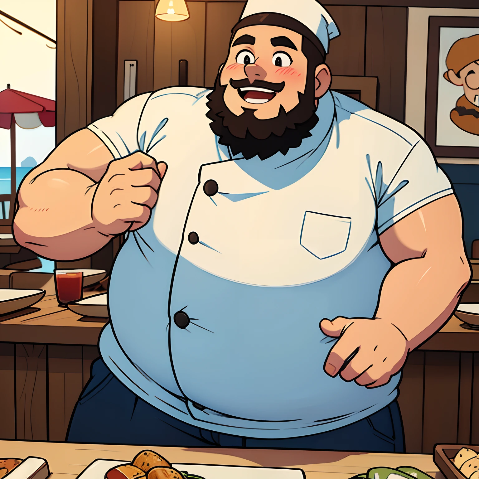 Big fat man, big belly, chef in a seaside restaurant, afternoon, big smile, big beard