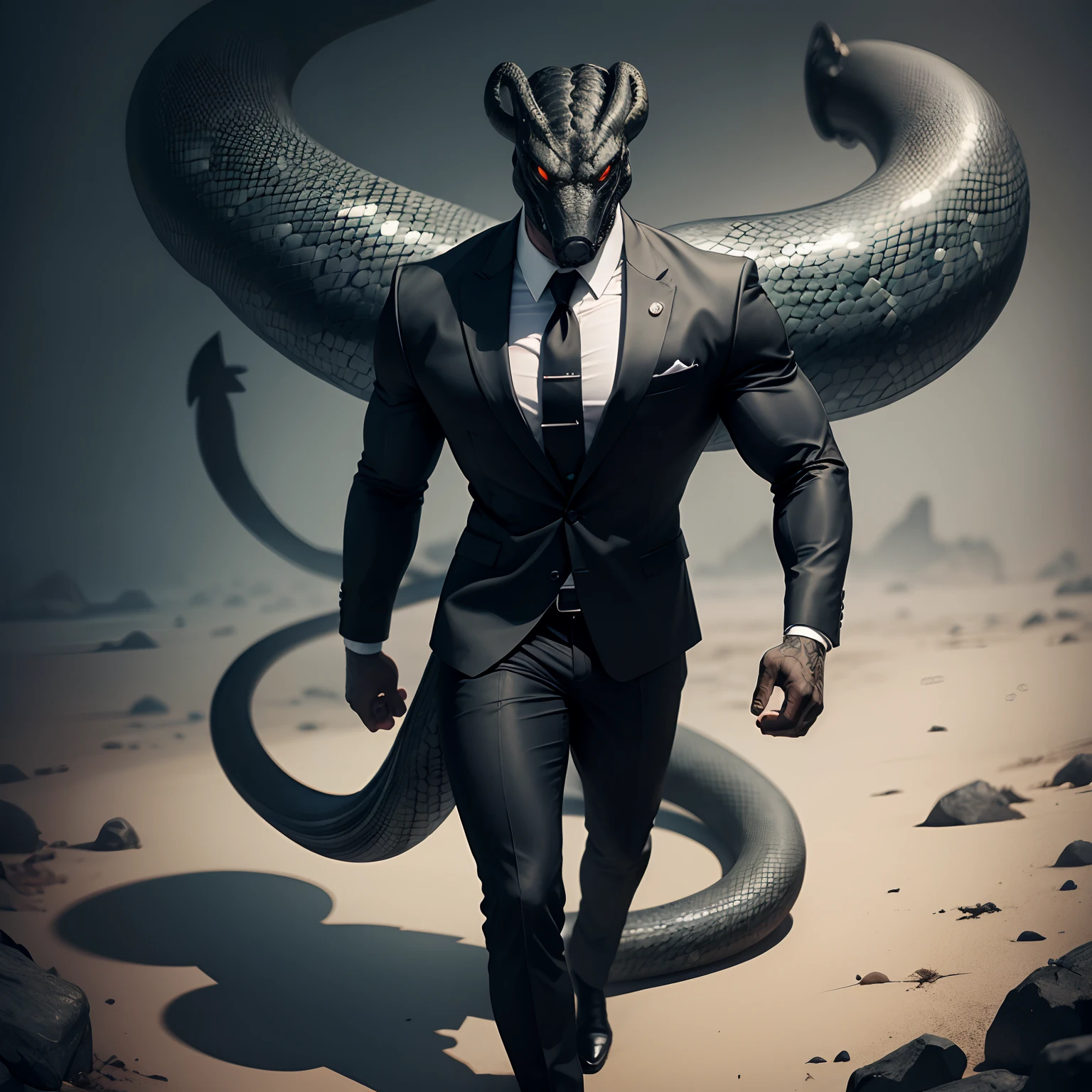 Humanoid  snake muscled ,  with a snake's head black with  a tail with 2 huge arms ,  in suit with a tie , full body