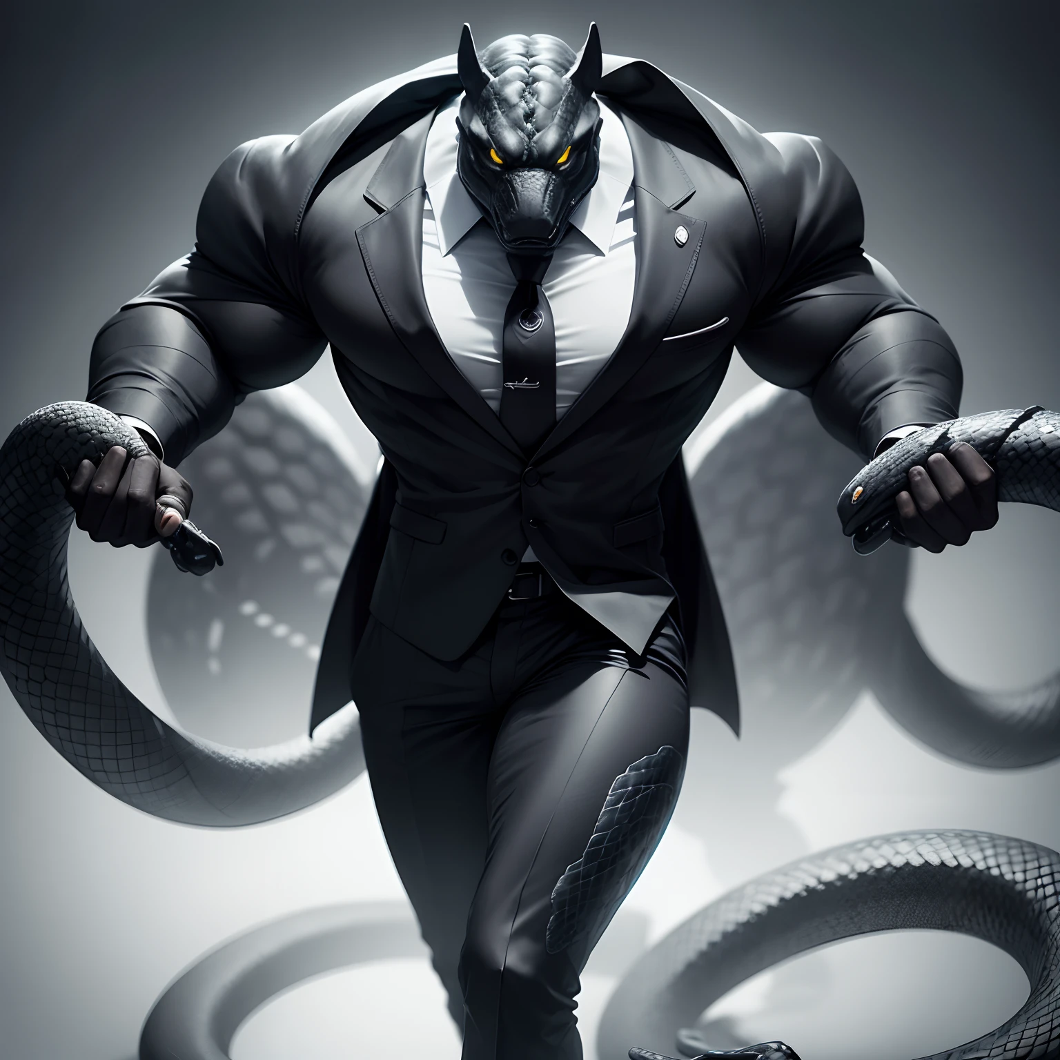 Humanoid  snake muscled ,  with a snake's head black with  a tail with 2 huge arms ,  in suit with a tie , full body