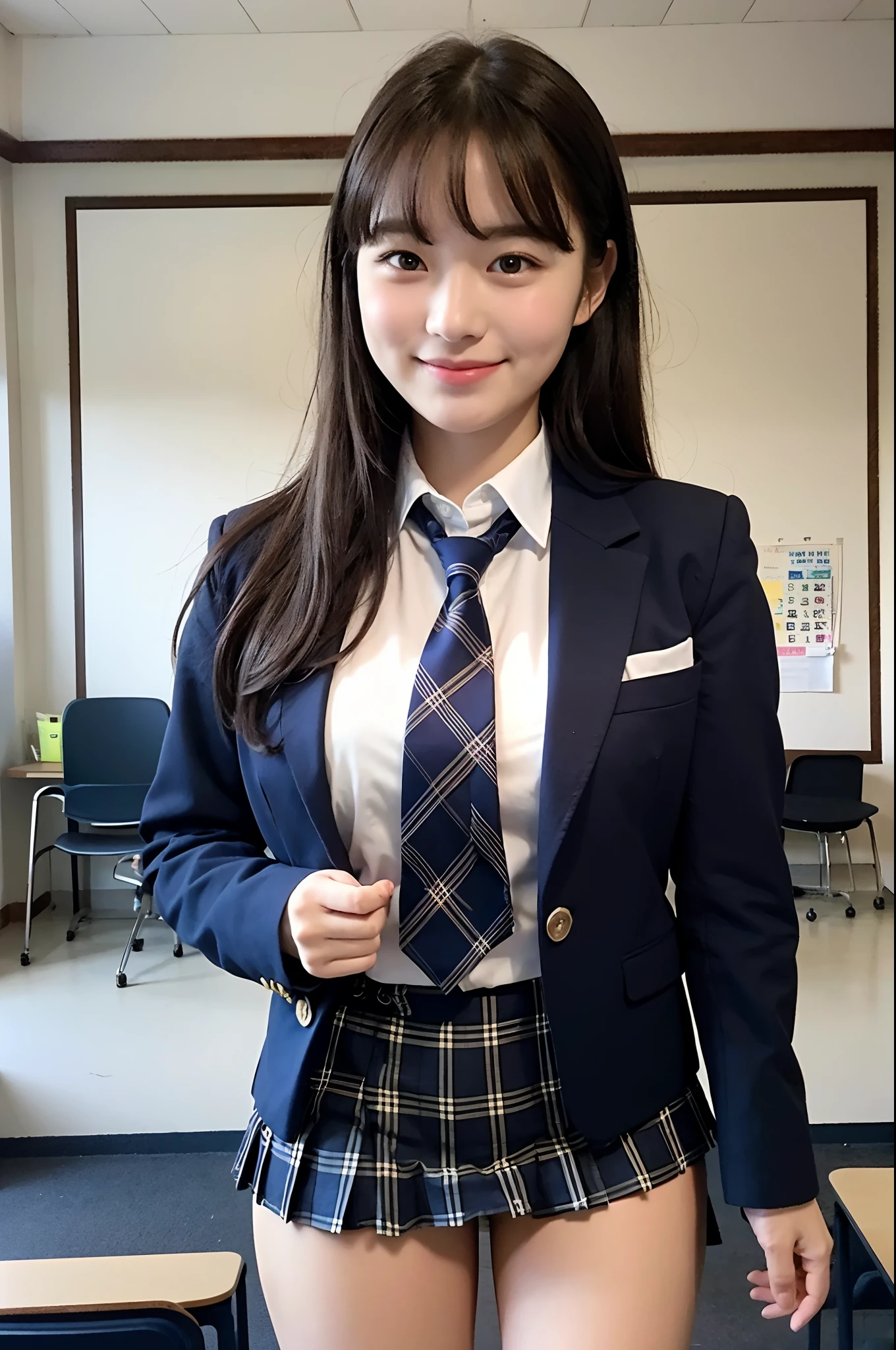 girl standing in school classroom,school uniform with blue tie,dark blue blazer over vest,blue plaid skirt,18-year-old,bangs,a little smiles,thighs,knees,from below