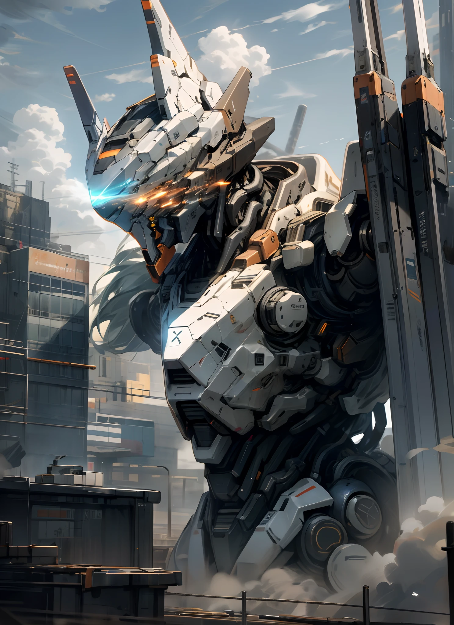 sky, cloud, holding_weapon, no_humans, glowing, , robot, building, glowing_eyes, mecha, science_fiction, city, realistic,mecha