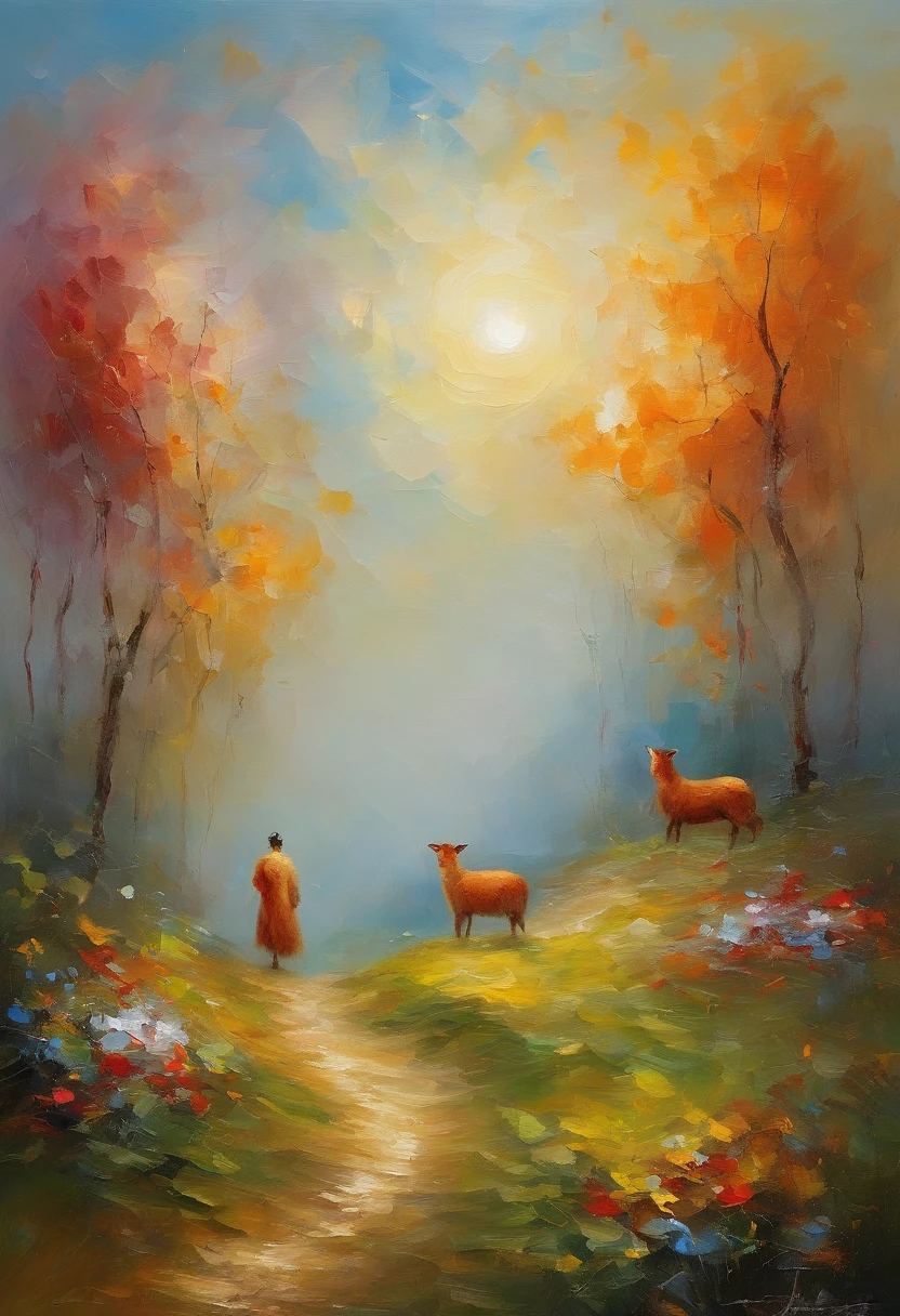 tmasterpiece、top-quality、Morning、stroll。glowworm、1 small sheep、Cotton Sheep Girl、Fox Boy,couple,adolable,floating in sky、closeup cleavage、with light glowing、blissful、Fresh morning sun、(Spark:0.7) 、stroll、Landscapes