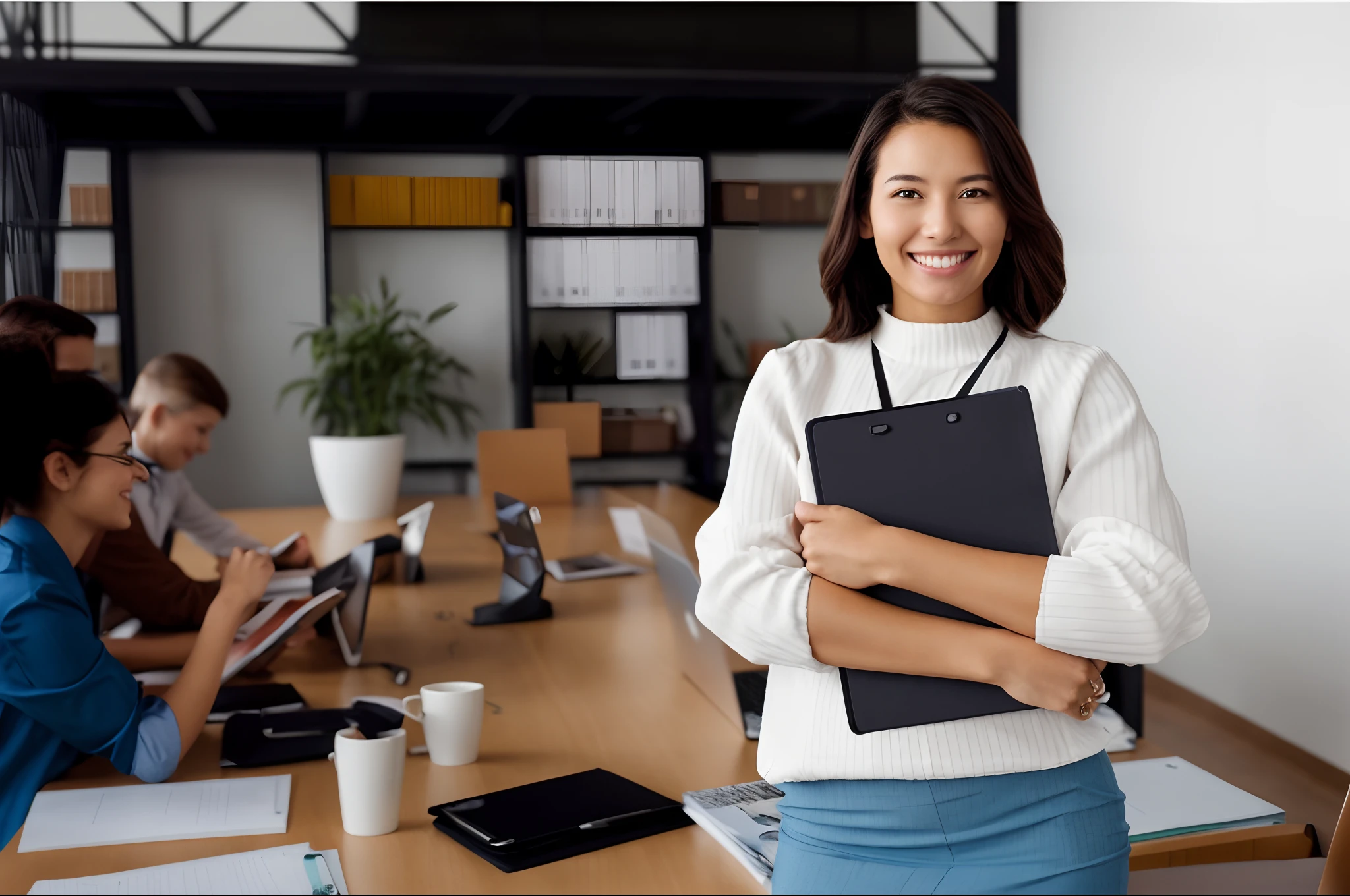 smiling woman holding a folder standing in front of a group of people, young business woman, wearing business casual dress, very appealing, working in an office, professional image, outstanding detail, with a figure in the background, great proportions, holding a clipboard, female in office dress, a person standing in front of a, shoulder in front pose