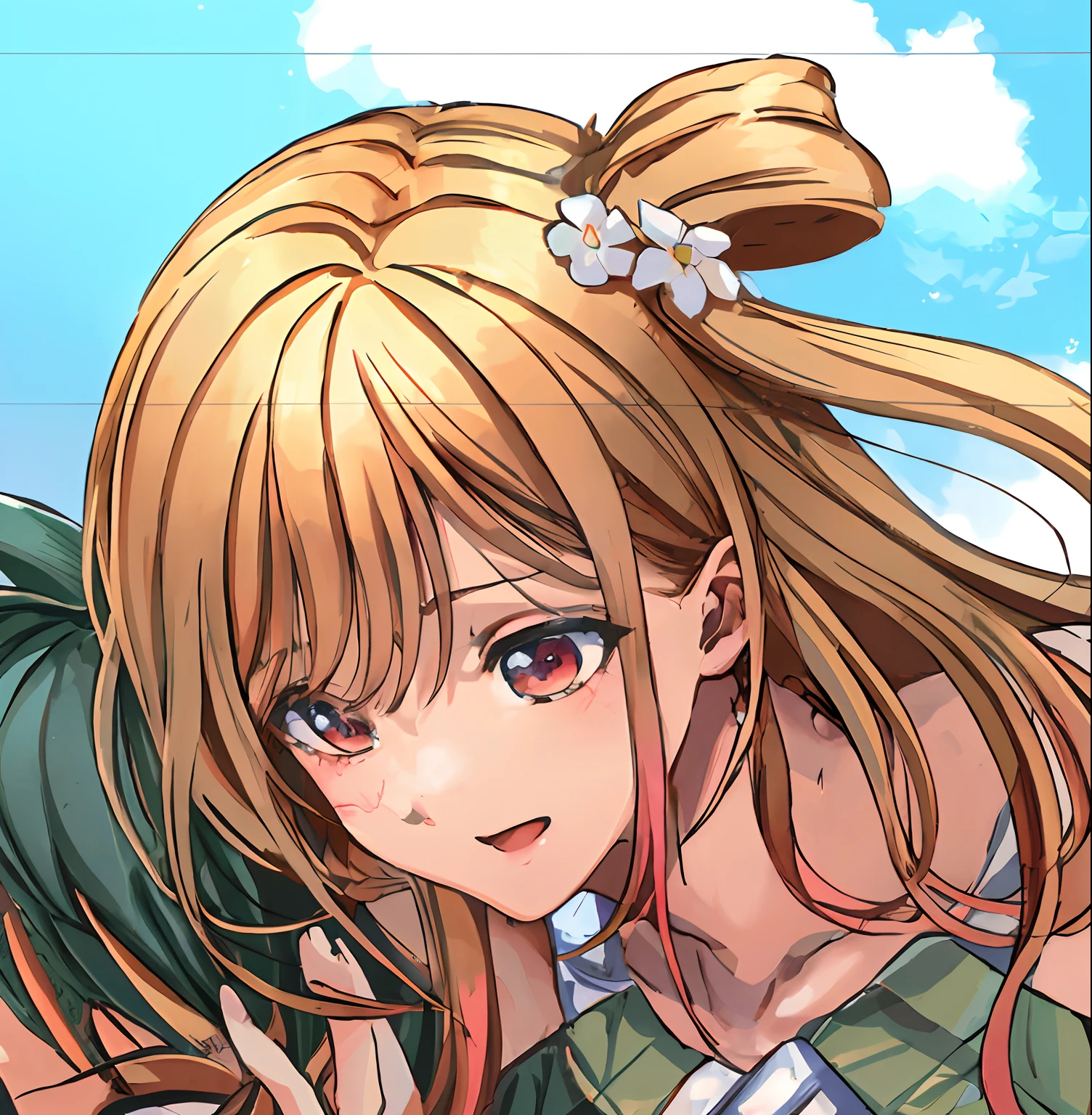 Anime girl in ponytail with long blonde hair and flowers in her hair, Fine details. girls' frontline, marin kitagawa fanart, Kantai Collection Style, detailed portrait of an anime girl, official artwork, Official art, kinomoto sakura, crisp clear rpg portrait, girls frontline cg, painted in anime painter studio, girls frontline style, Smooth Anime CG Art