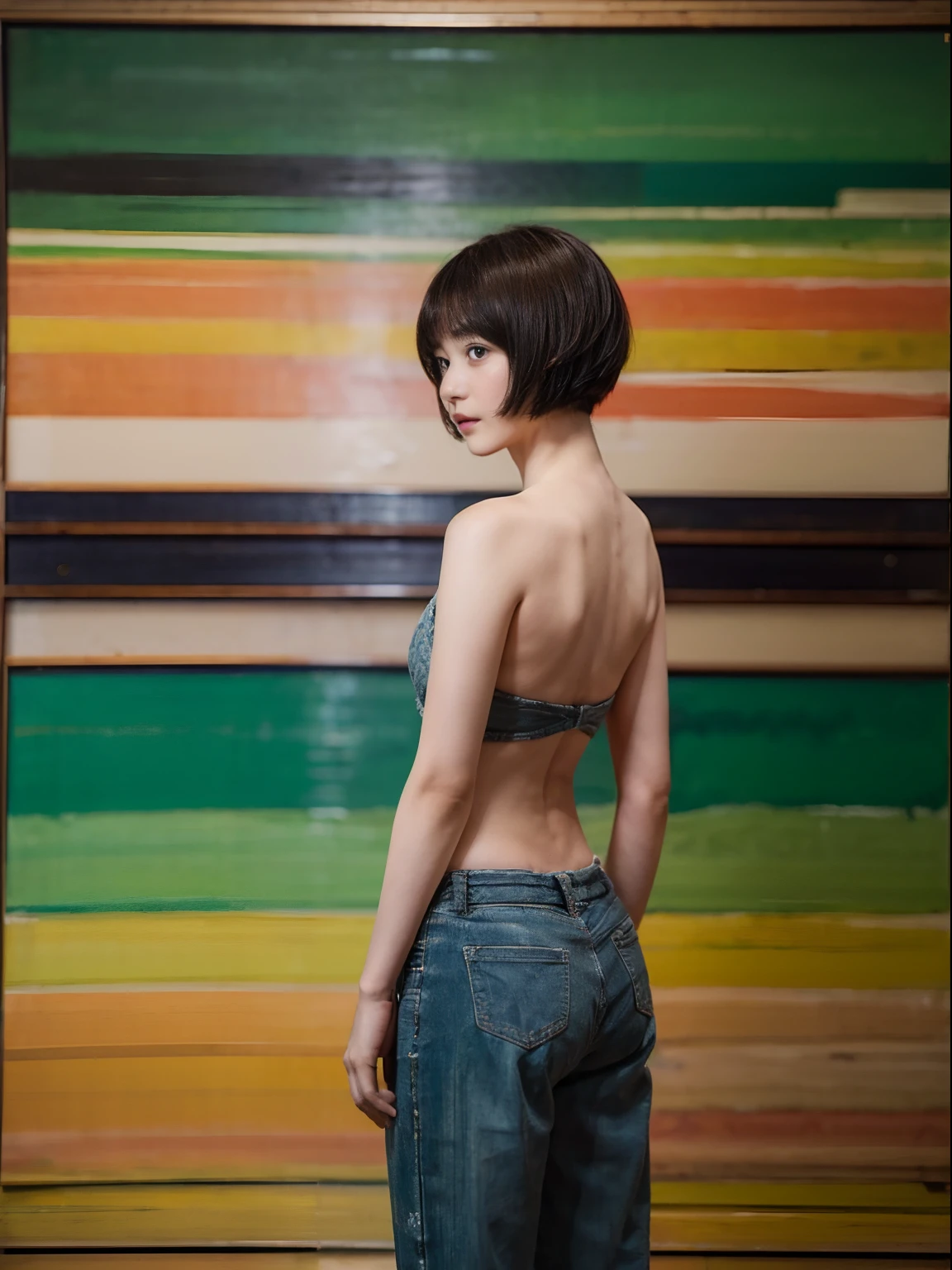 17
(Shorthair:1.3), (a 20 yo woman), (A hyper-realistic), (Masterpiece), (8KUHD), Woman wearing long pants, Small eyes, (The back is an abstract painting:1.23)
