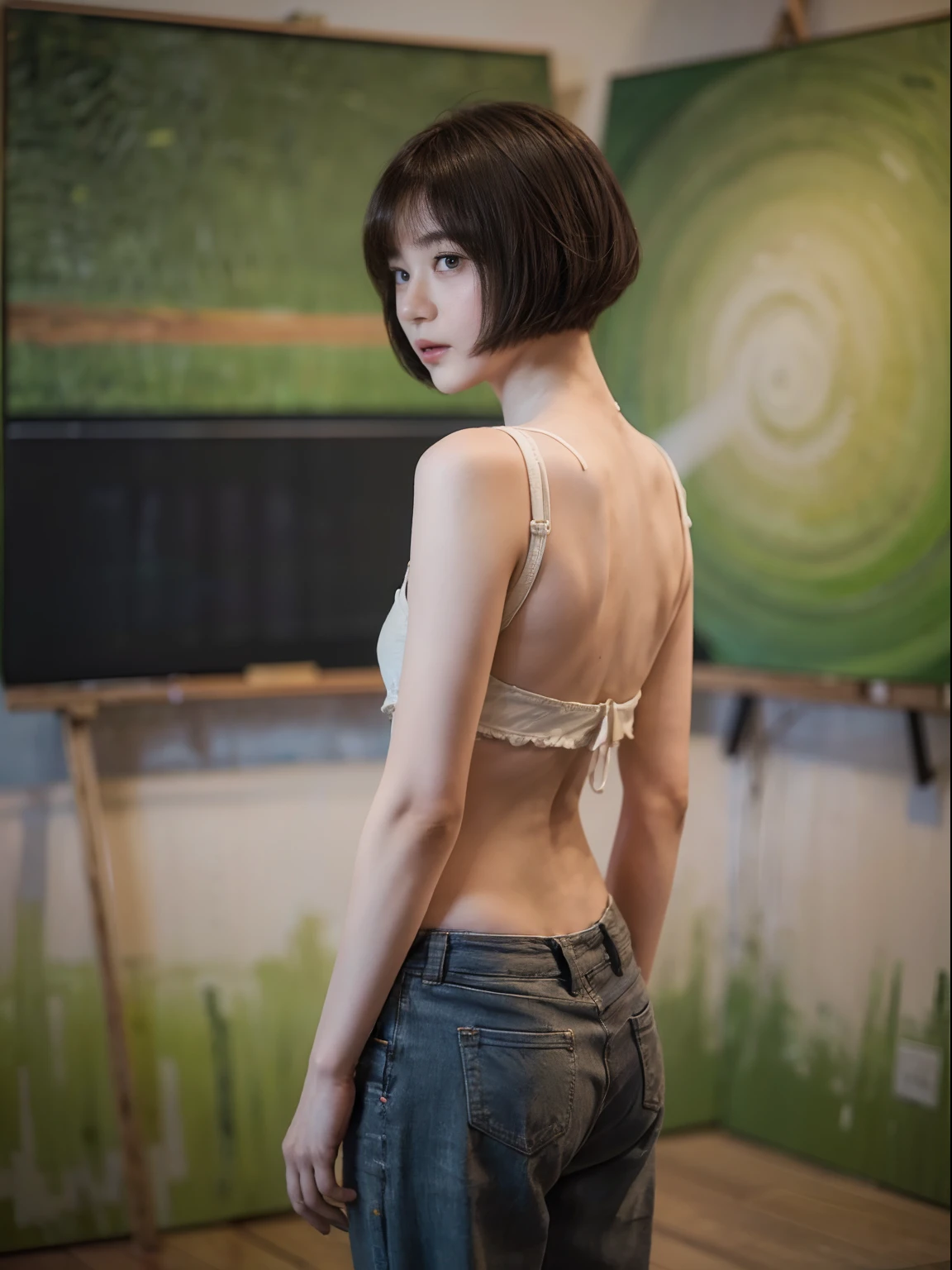 17
(Shorthair:1.3), (a 20 yo woman), (A hyper-realistic), (Masterpiece), (8KUHD), Woman wearing long pants, Small eyes, (The back is an abstract painting:1.23)