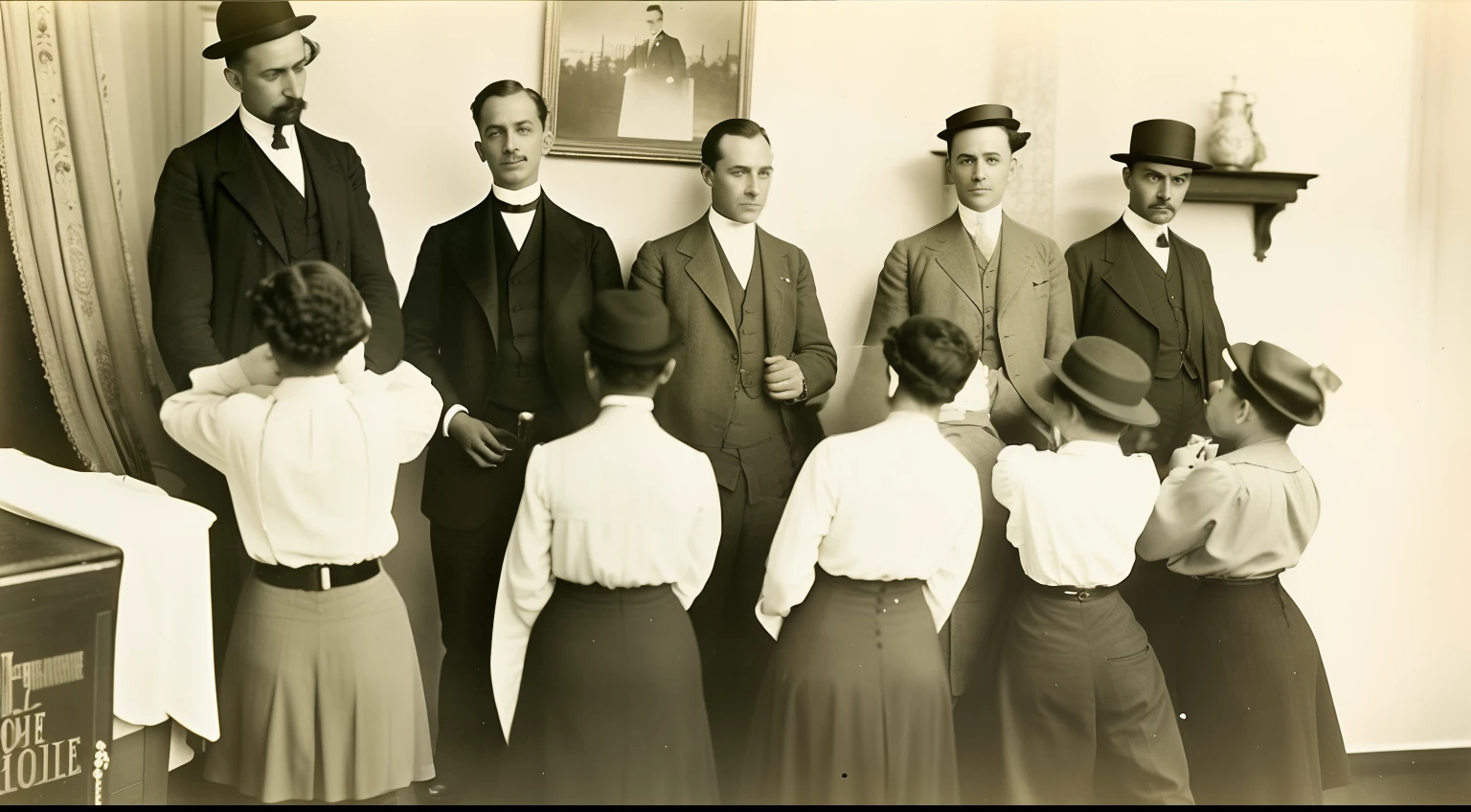 arafed group of people standing in a room with a man in a suit, cursed photography, cursed photograph, 1905, 1 9 0 5, 1900s picture, 1 9 0 0 s picture, 1910s film scene, 1 9 1 0 s film scene, 1 9 1 0, 1910