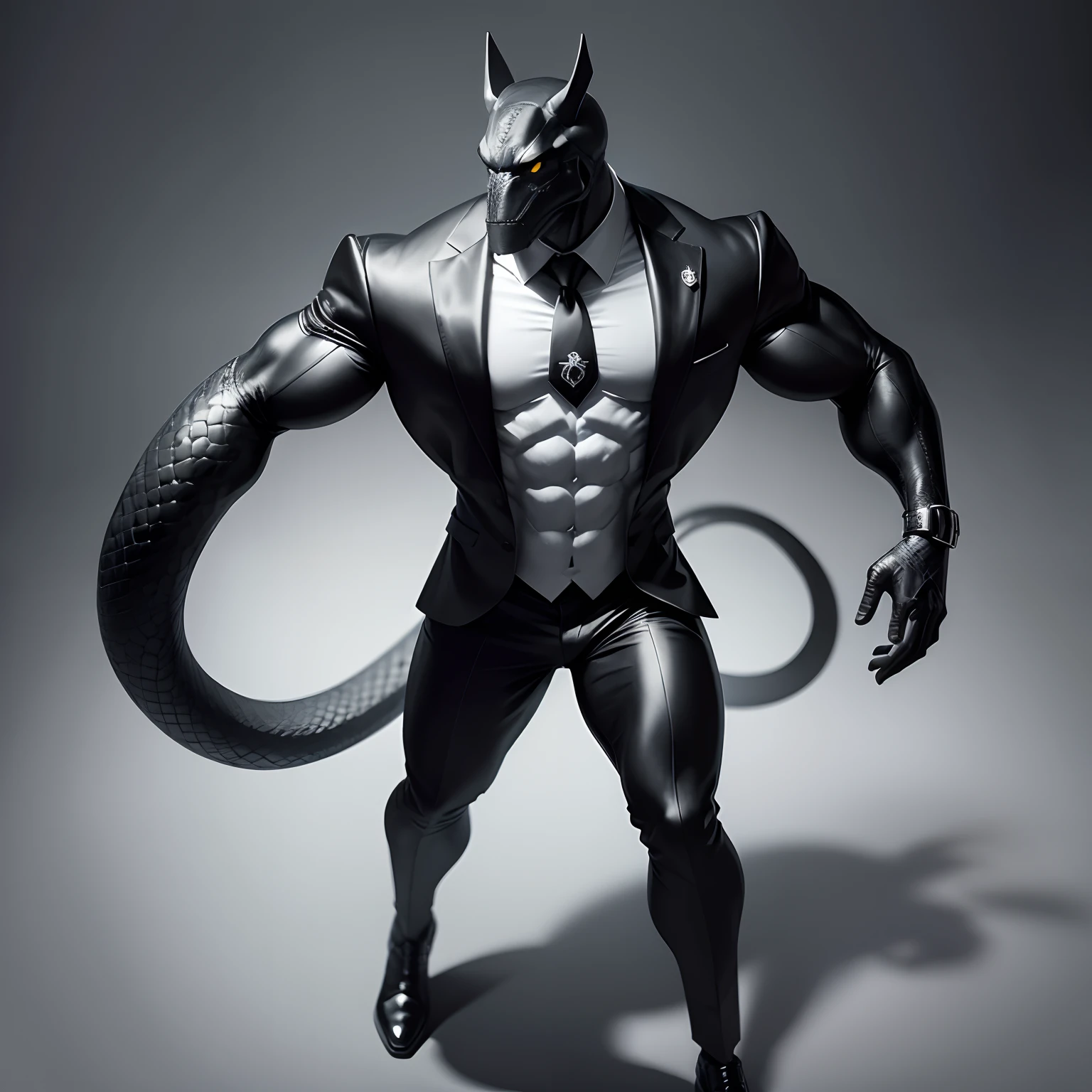 Humanoid snake muscled , with a snake's head black with a tail with 2 huge arms , in suit with a tie , full body