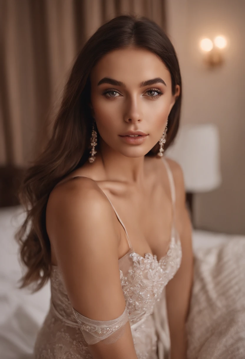 Totally Alafed Women , Sexy girl with brown eyes, A hyper-realistic, meticulously detailed, Portrait Sophie Mudd, brown hair and large eyes, selfie of a young woman, Dubai Eyes, Violet Myers, without makeup, Natural makeup, Looking directly at the camera, face with artgram, subtle makeup, Stunning full-body shot of kneeling on bed, at bedroom, Medium to large bust