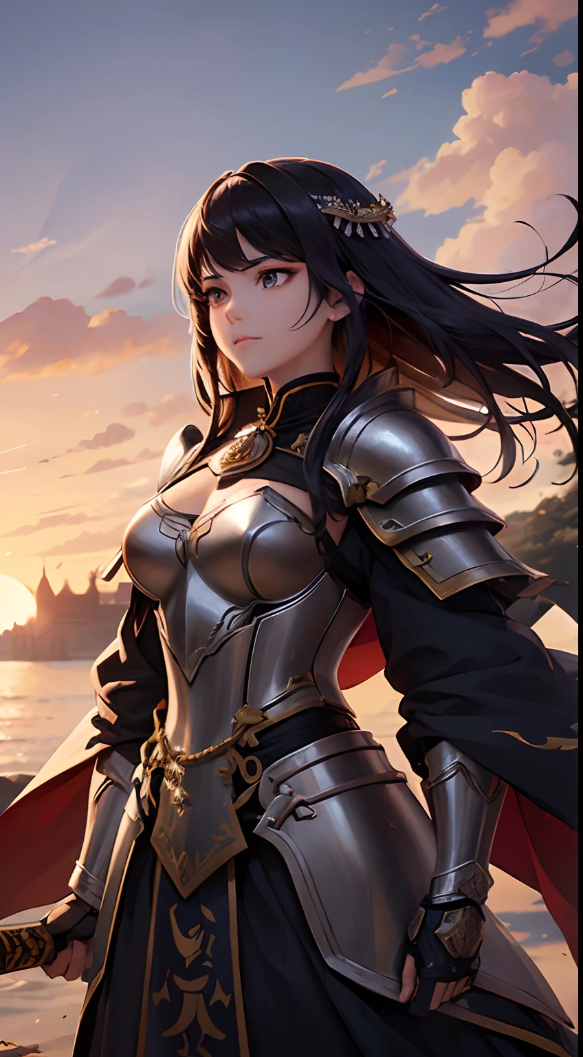 (tmasterpiece:1.37), An intense, A close-up depicts a woman in knightly armor，Long white eyes. She stood on a stone bridge, The walls soar into the sky, Homem-Imponente, Behind him is grandeur. In her hand, she is holding a sword, Its edges shine softly, The glow of the setting sun fades away. Her face was resolute, Show her inner strength and courage. Intricate details on the armor, Castle, The sword brings the scene to life, realistic quality, god light, Sparkle, Glowing light，In a Japanese anime style