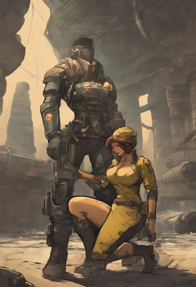 Futanari vault dweller from fallout, large breasts, large penis, standing over kneeling woman. Semen on kneeling woman and dripping from penis