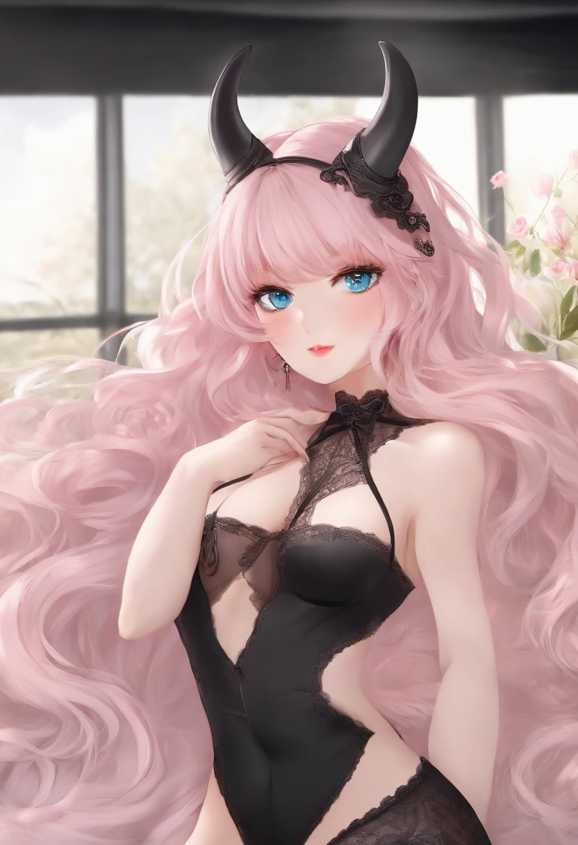 ((masterpiece, best quality)), a woman with beautiful blue eyes, small black horns, long light pink hair, big eyes,solo, looking at viewer, hair between eyes, blush, bangs, heart, pink lace thong, raise ass, sexy, fat ass, big breast, flustered