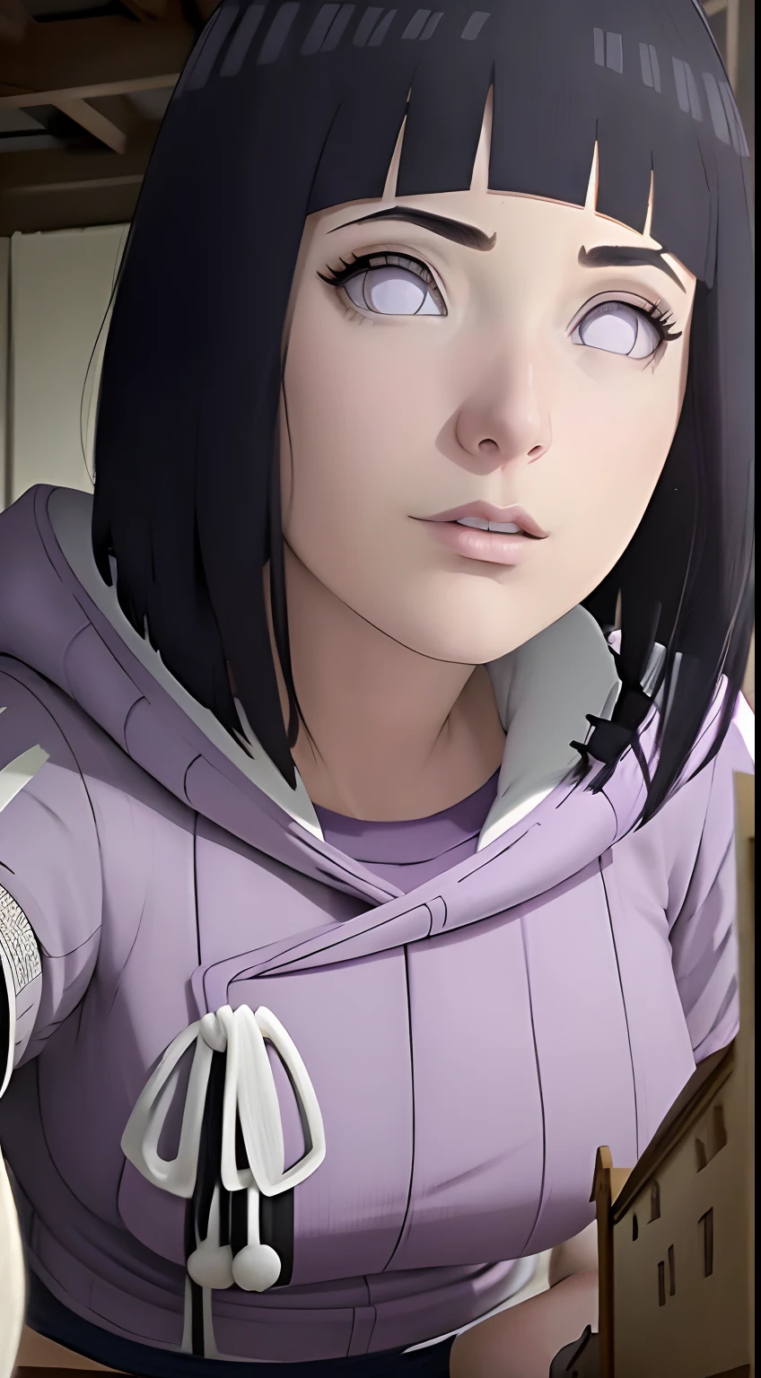 una giganta,rasgos faciales delicados,curva,mirar hacia abajo,smil,Mira hacia arriba en la perspectiva,entre los muslos pov ,Bigchest,,Dibujo en perspectiva.Hinata Hyuga, perfect composition, Labios detallados, Pecho grande, Cara hermosa, body propotion, sonrojarse, (labios rosados), Cabello largo, purple eyes, mirada suave, super-realistic, Detallado, , Rostro y cuerpo realistas, escote,obra maestra, absurdos, hinata \ (boruto \), 1girl, solo, hembra madura, purple hoodie, mangas en capas, pantalones marrones, , Perfectcomposition,, pecho grande,