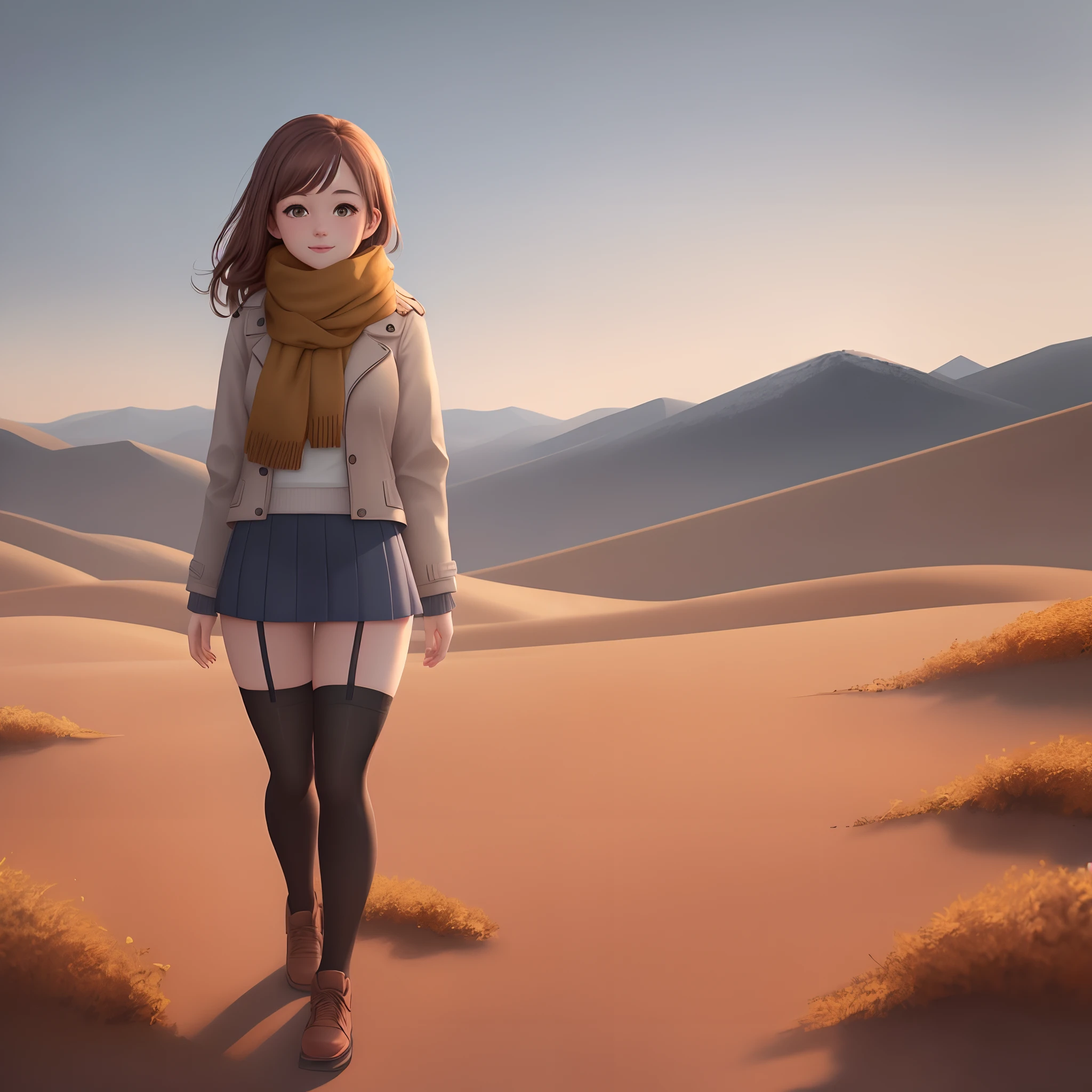 Highest quality, ultra-details, best work, highest resolution, 8K
the picture is a cartoon girl with a scarf and a scarf over her shoulder, 1girl, scarf, solo, brown hair,、
(full body) (mini skirt:1.3),(Stockings:1.2),
thigh-highs:1.4
The view of the ground, the ground
