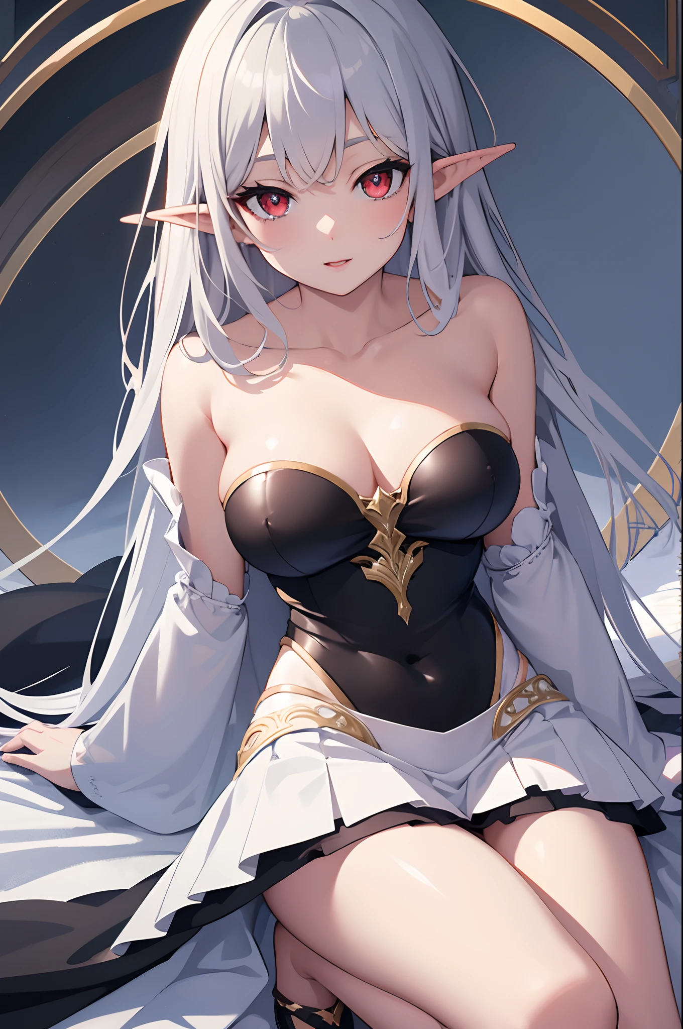 1girl, anime, cute girl, elf, blank background, white background, fantasy, detailed dark fantasy dress with highlights, beautiful face, beautiful eyes, dark colors, medium breasts, slight cleavage, beautiful skin, cute, silver hair, red eyes, breast curtains, extremely delicate and beautiful, (beautiful detailed face:1.0), (detailed deep eyes), symmetrical breasts, deep eyes, shiny skin, portrait, slender waist, hips wider than shoulders, thighs, young girl