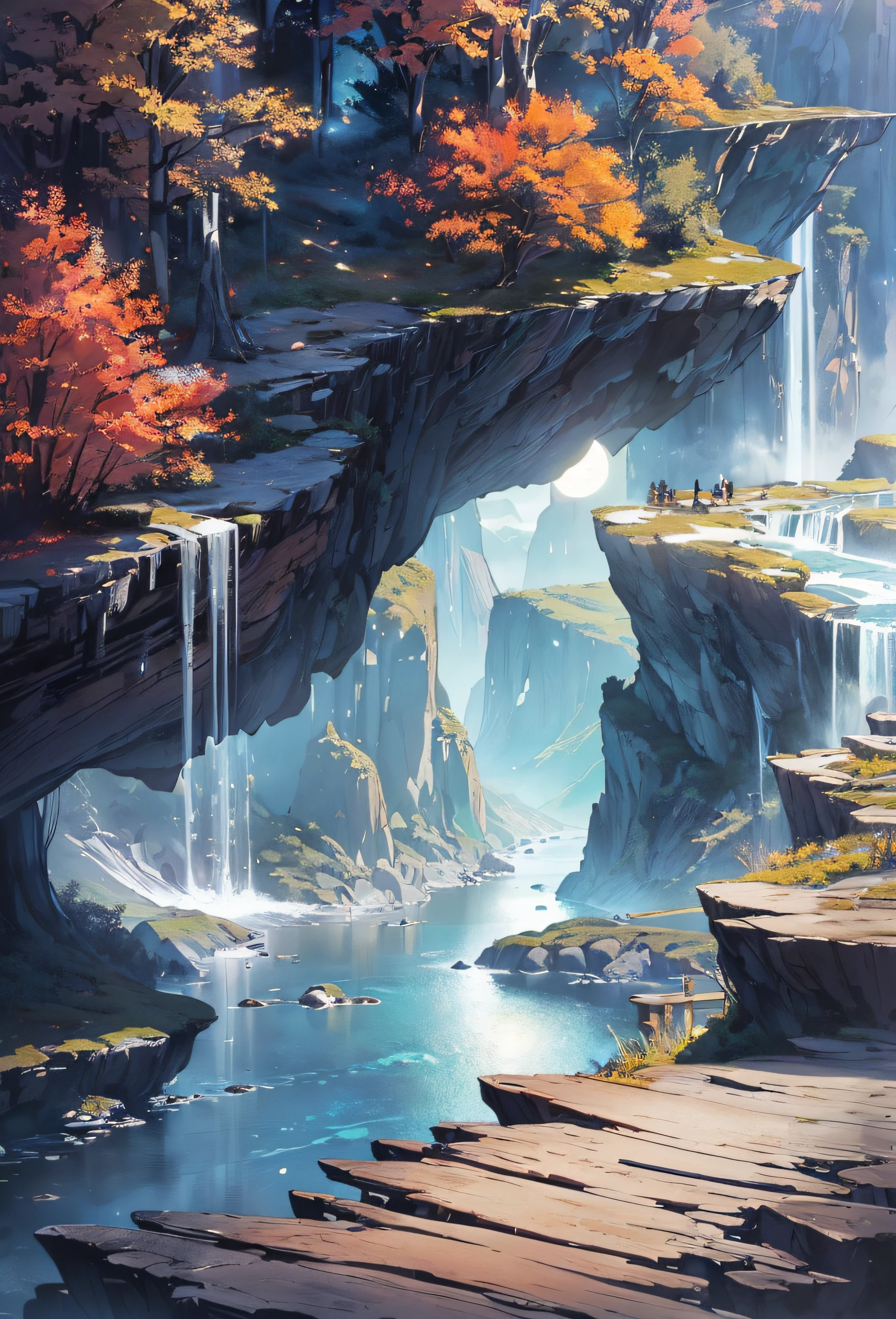 Very good 8KCG wallpapers, very fine 8K CG wallpaper, watercolor (medium), (((dark, Dark Night, Deep Night, the moon))) ((Sky color: dark blue)) (((Natural Background, rock formations, wood))), cliff, Mountain Summit ((plein air)) (((Character Deletion))) (((Excluding people)))