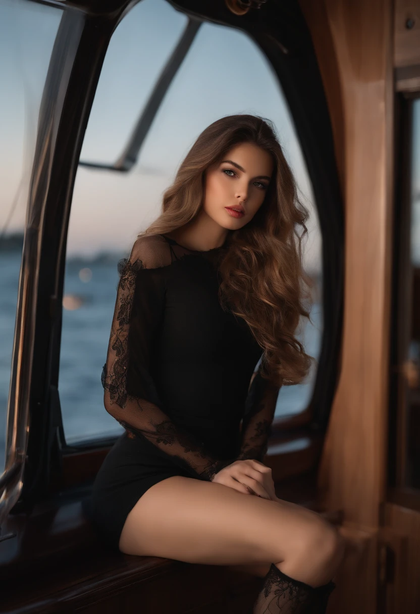 (Best quality,8K,A high resolution,Masterpiece:1.2),Mid-range view,Night,Night on a yacht,Sea and night background,high high quality,Masterpiece,(Delicate lips:1.2),Short sleeves,Short sleeves,Short sleeves,Short sleeves,An extremely delicate and beautiful girl,Amazing, Fine details,Masterpiece,Best quality,(22 years old:1.2),Slender waist,Graceful,Shy,Pure and beautiful,Adorable,Thick and soft hair,Beautiful and detailed eyes,(Long hair:1.2),Large, plump,Black stockings,Black stockings,Black roses,indoor,indoor