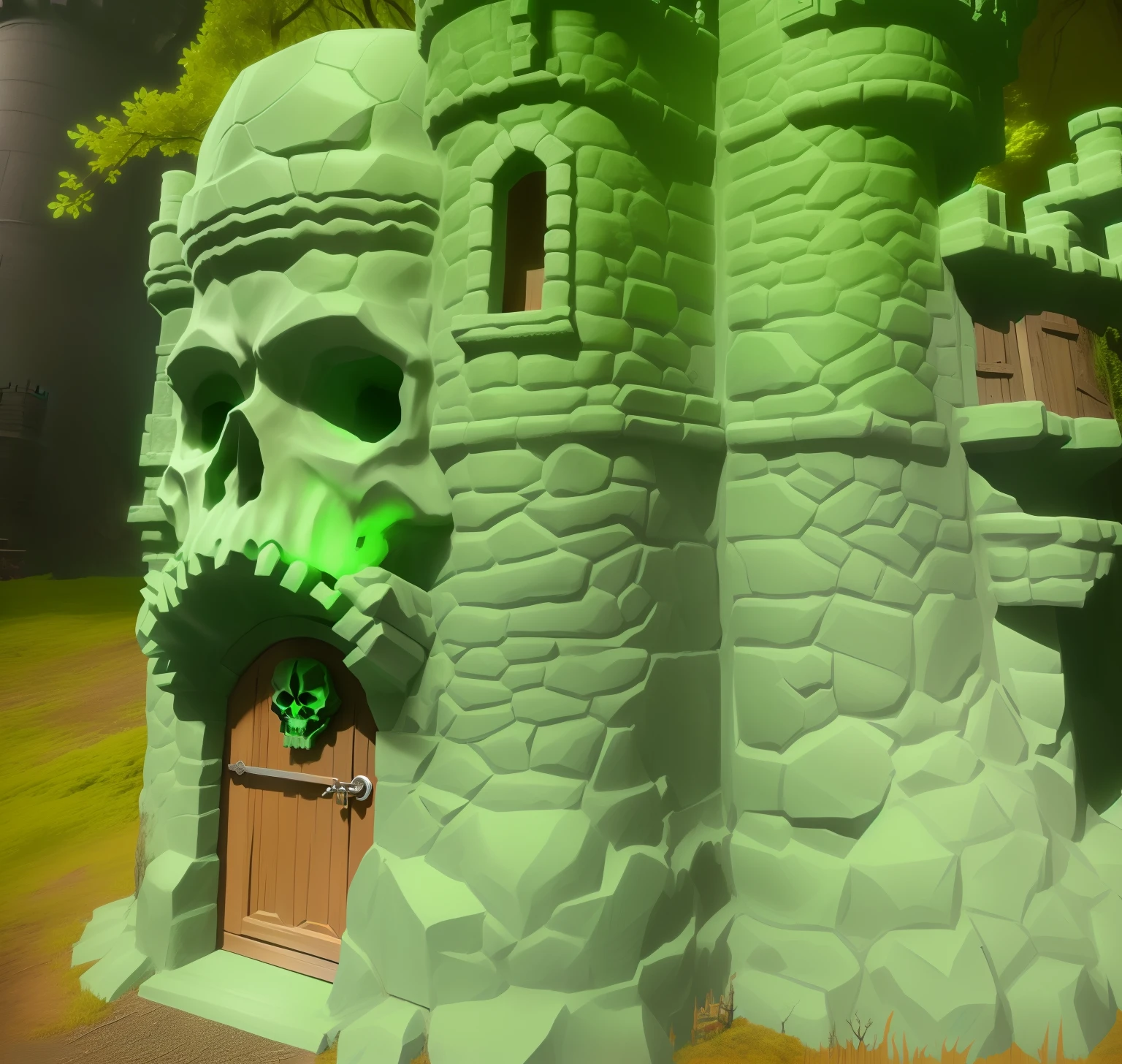 there is a green skull castle a door and a tree, ultra detailed haunted house, close - up on detailed, extremely detailed frontal angle, alien castle in background, very full detail, with lots of details, lots of detail, haunted house themed, epic level of detail, detailed wide shot, added detail, seen from below, eerie highly detailed, front view dramatic