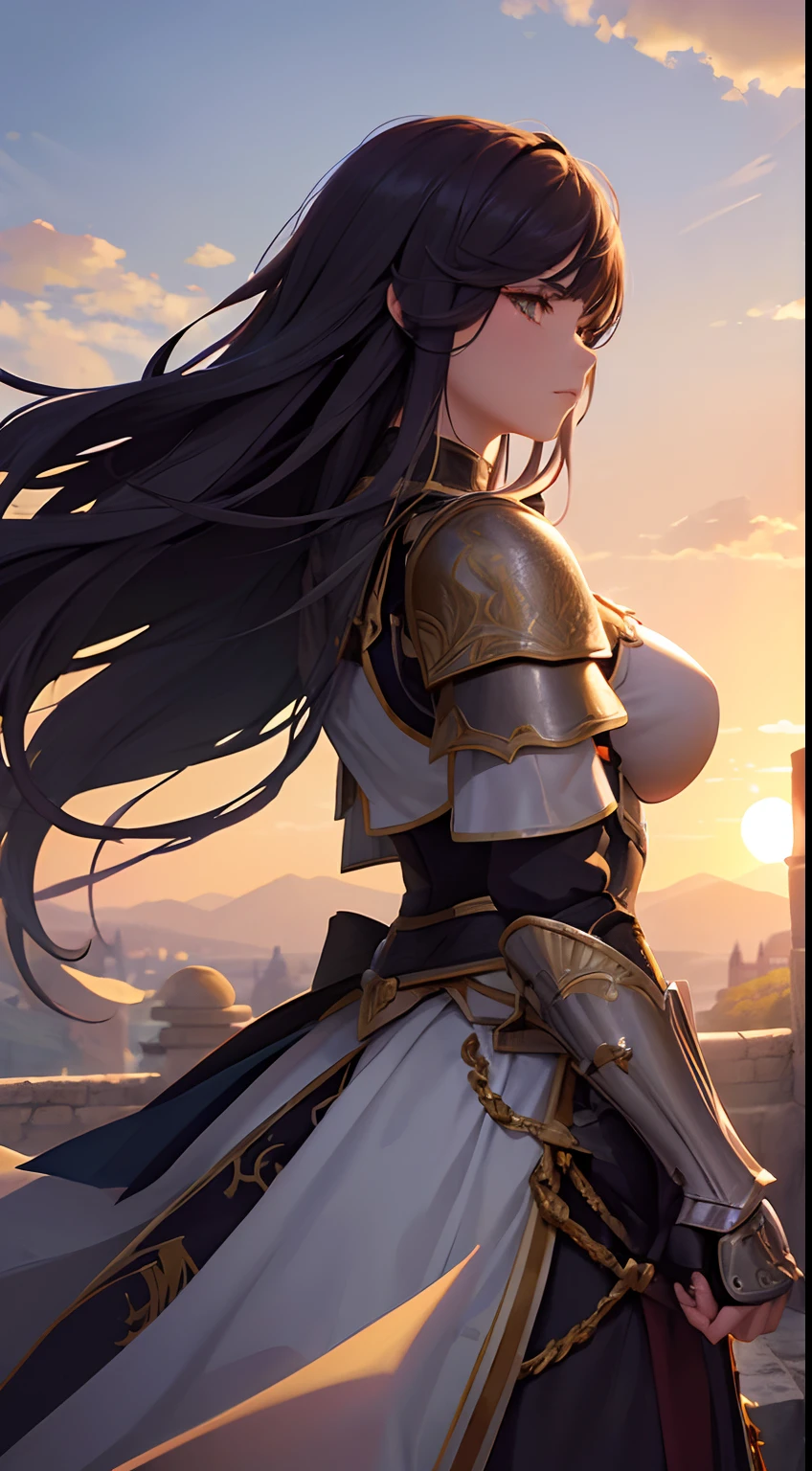 (tmasterpiece:1.37), An intense, A close-up depicts a woman in knightly armor,Long white eyes. She stood on a stone bridge, The walls soar into the sky, Homem-Imponente, Behind him is grandeur. In her hand, she is holding a sword, Its edges shine softly, The glow of the setting sun fades away. Her face was resolute, Show her inner strength and courage. Intricate details on the armor, Castle, The sword brings the scene to life, realistic quality, god light, Sparkle, Glowing light,In a Japanese anime style