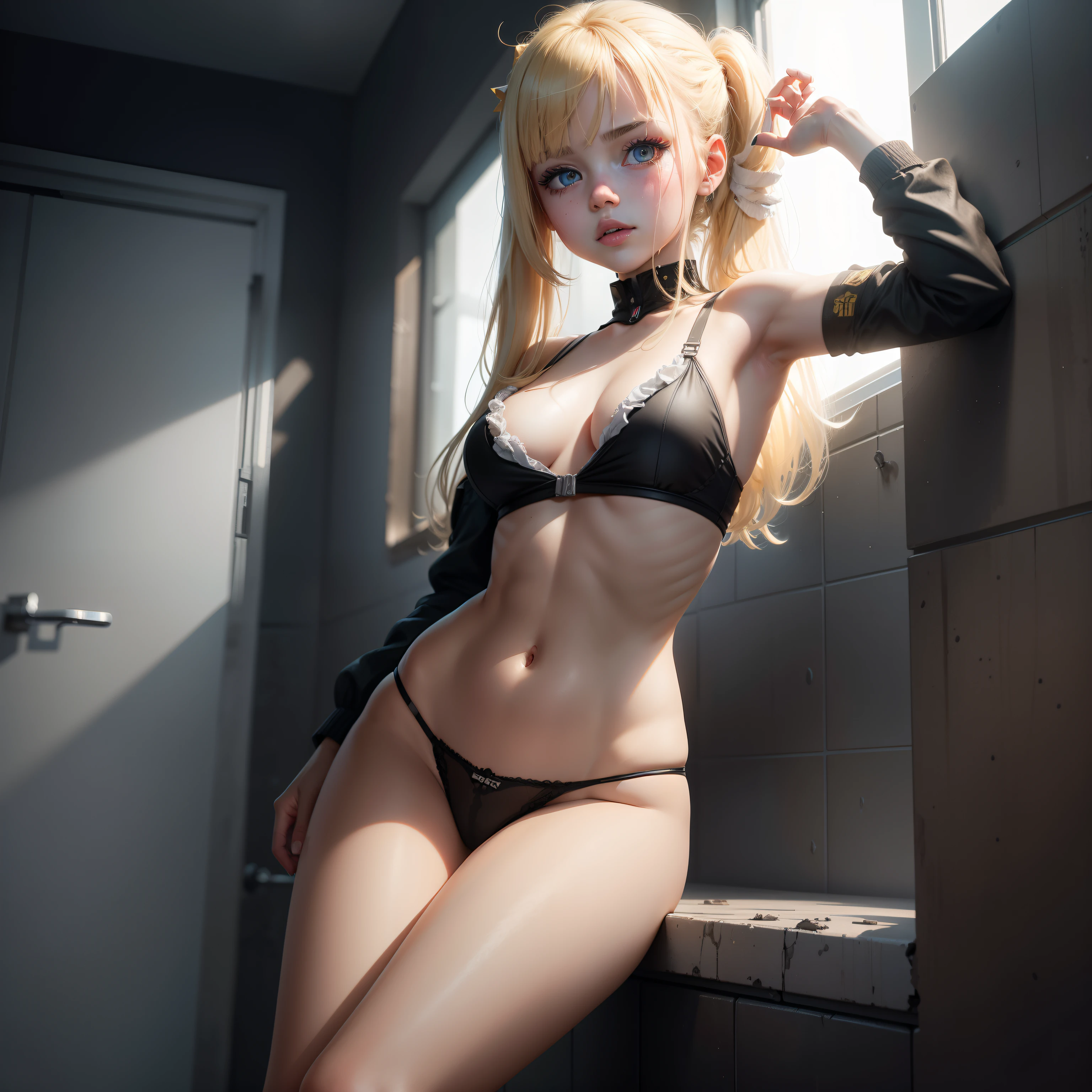 Destroyed aircraft carrier,ukrainian girl , Ukrainian anime girls , , Ukraine , Full body composition of young girl with messy bright blonde hair, eye make up, , Soft lighting, Solo,, badges, Pose, Blotch color, Octane Render, Hyperrealistic intricate detail, Cinematic, 8K resolution, 70mm, Accent Lighting, Global Illumination, Full body portrait, clean detailed faces, poneyTail,Cute face,, Slim legs,at shower room,Underwear,
