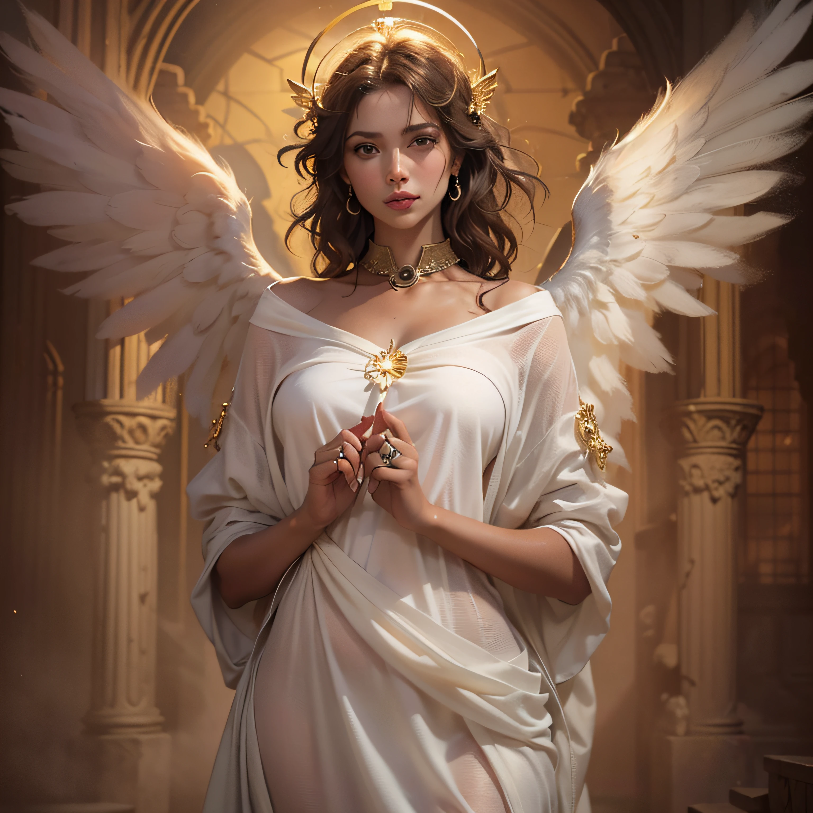 (Numerosas obras maestras galardonadas, in incredible detail, Textures and maximum detail), (Imagen de pie de cuerpo completo:1.8), (Parte superior del cuerpo hacia arriba:0.3), (hiperrealista:1.4), (realista:1.3), (La mejor calidad de textura real de la piel), (finely detailed true circle Symmetrical eyes), (Cara hermosa finamente dibujada), (Angel ring of divine brilliance on the head:1.8), ((Mundo medieval)), (black brown Latin angel of the Lord or white angel of the Lord:1.6), (Imagen de pie de cuerpo completo:1.8), (Hermosos ojos amables), (Ella tiene una sonrisa feliz en su rostro), (Beautifully colored eyes full of compassion), (Imagen de pie de cuerpo completo:1.8), Brillantes masas de nubes y cielo majestuosos, (Optical halo phenomenon:1.3), (Angels dancing in the background), (dramatic light), (Vista majestuosa), (Her expression is serene full of tenderness and very beautiful), ((Large wings with pure white feathers behind the shoulders)), (((Alas plegadas))), Pendientes de cristal en las orejas, (((dramatic photo))), (twilights), (puesta del sol), (twilights), (Pose sagrada), (cabello dorado), (cabello plateado), (Brown-haired), Cabello cortado, ((mira hacia arriba)), ((Mirando hacia abajo)), ((Proporciona una imagen de pie de cuerpo completo)), (Alrededor de su cuello hay un simple collar de exquisita mano de obra), Antiguas ruinas infestadas de plantas, Gran templo, Gran Catedral, Ruinas del templo, Templo separado, (Luminous magic circle), Ruinas de un antiguo castillo, Ruinas desiertas, ruinas desmoronadas, Ruinas antiguas con agua clara, Luz Sagrada, epic realistic, ((Colores neutros)), (HDR:1.5), (colores apagados:1.2), hiper detallado, Kinematic, warm lights, dramatic light, (Detalles intrincados:1.1), Antecedentes complejos,