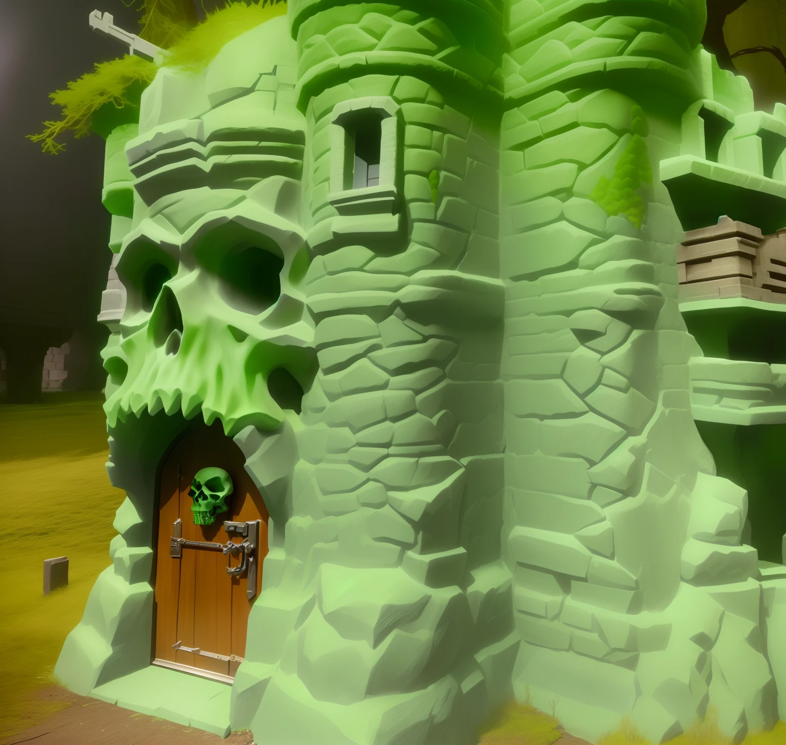 there is a green skull castle a door and a tree, ultra detailed haunted house, close - up on detailed, extremely detailed frontal angle, alien castle in background, very full detail, with lots of details, lots of detail, haunted house themed, epic level of detail, detailed wide shot, added detail, seen from below, eerie highly detailed, front view dramatic