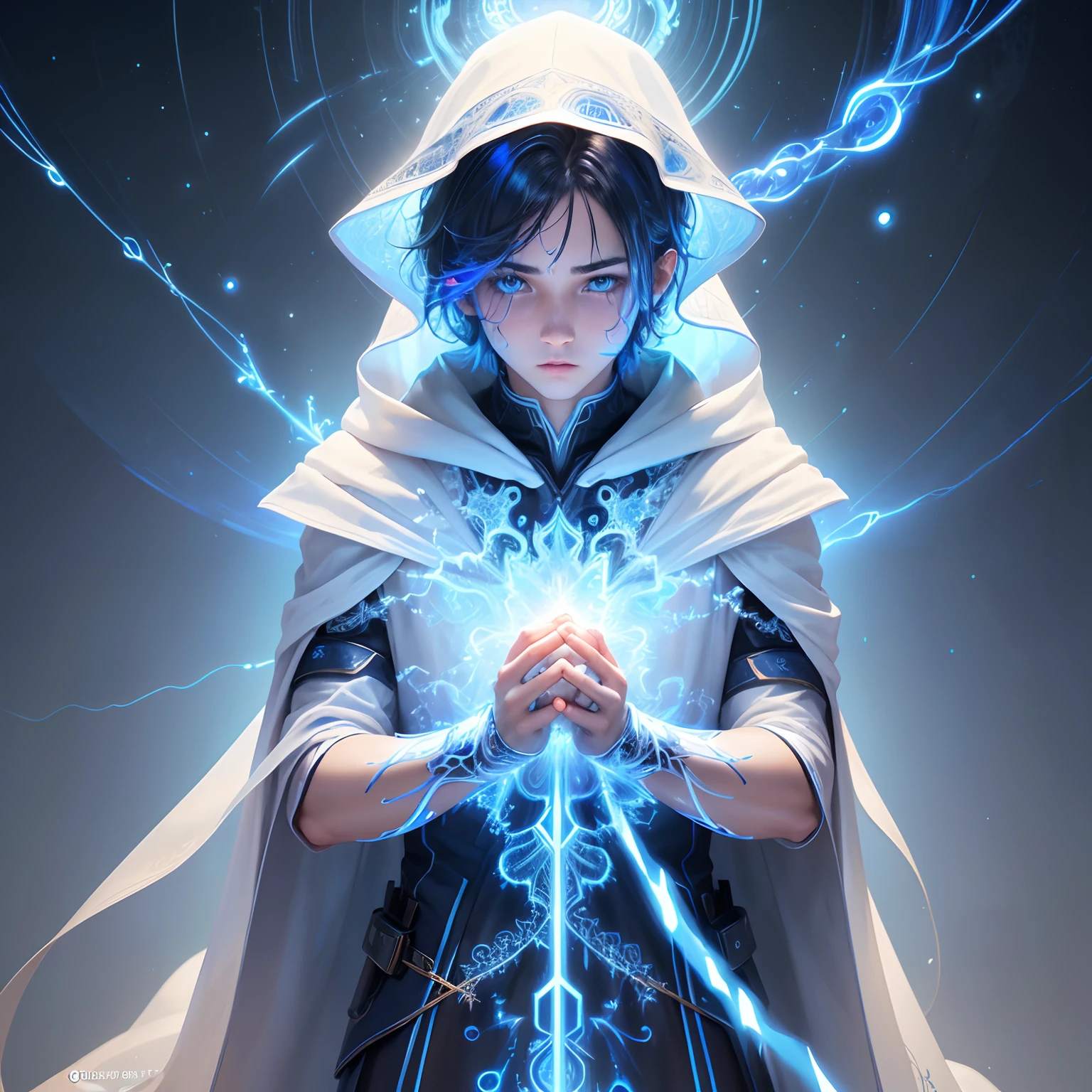 A boy((1boy)) wearing blue neon dress realistic, (masterpiece, top quality, best quality, official art, beautiful and aesthetic:1.2), extreme detailed, (fractal art:1.3), colorful, highest detailed, perfect face, upper body, HDR, (praying:1.3), (white cloak golden lines:1.2), garden ,(light streaks), striking visuals, (dynamic streaks, luminous trails:1.2), vibrant colors,