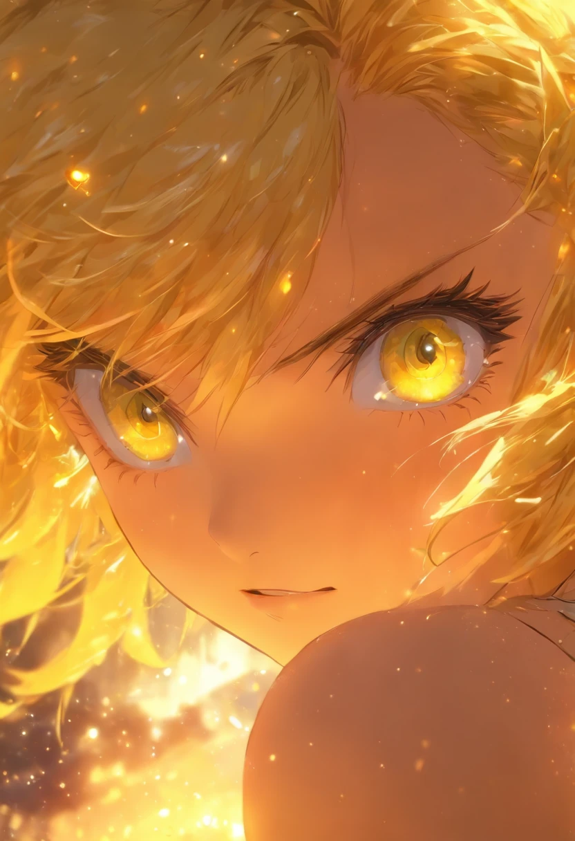(masterpiece, best quality), intricate details, 1girl, yellow hair, yellow eyes, mascara, bare shoulders,
