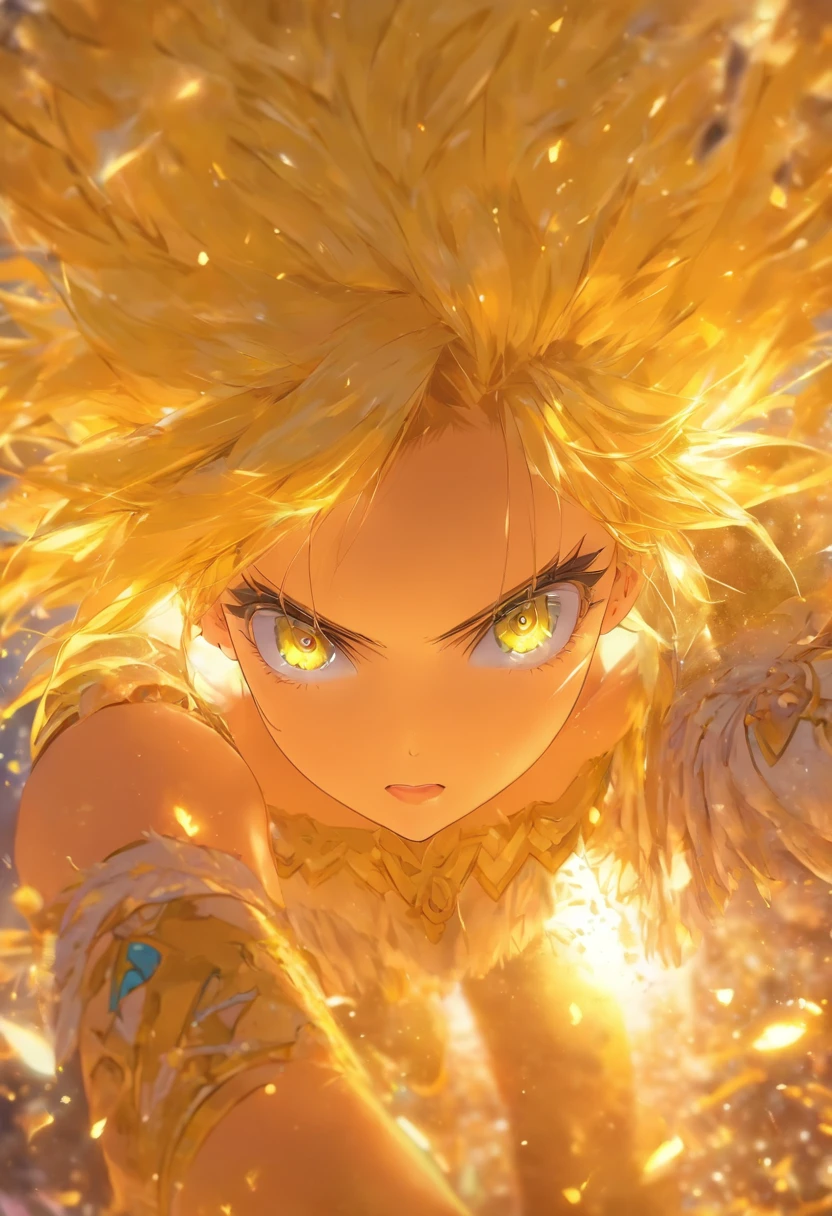 (masterpiece, best quality), intricate details, 1girl, yellow hair, yellow eyes, mascara, bare shoulders,