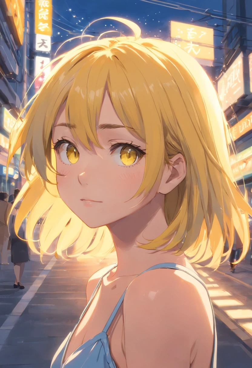 (masterpiece, best quality), intricate details, 1girl, yellow hair, yellow eyes, mascara, bare shoulders,