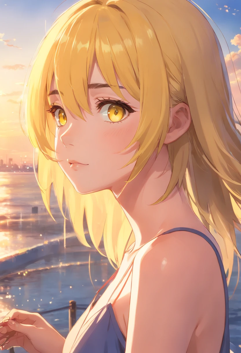 (masterpiece, best quality), intricate details, 1girl, yellow hair, yellow eyes, mascara, bare shoulders,