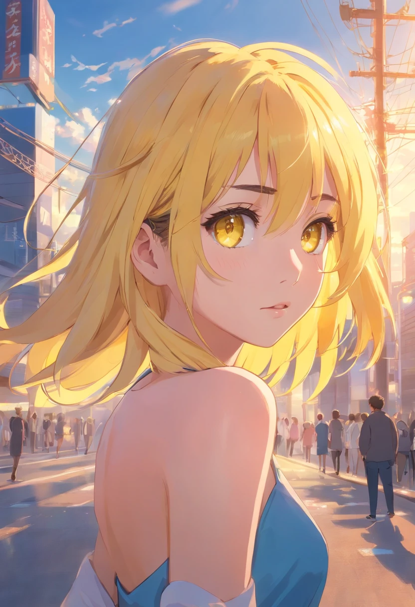 (masterpiece, best quality), intricate details, 1girl, yellow hair, yellow eyes, mascara, bare shoulders,