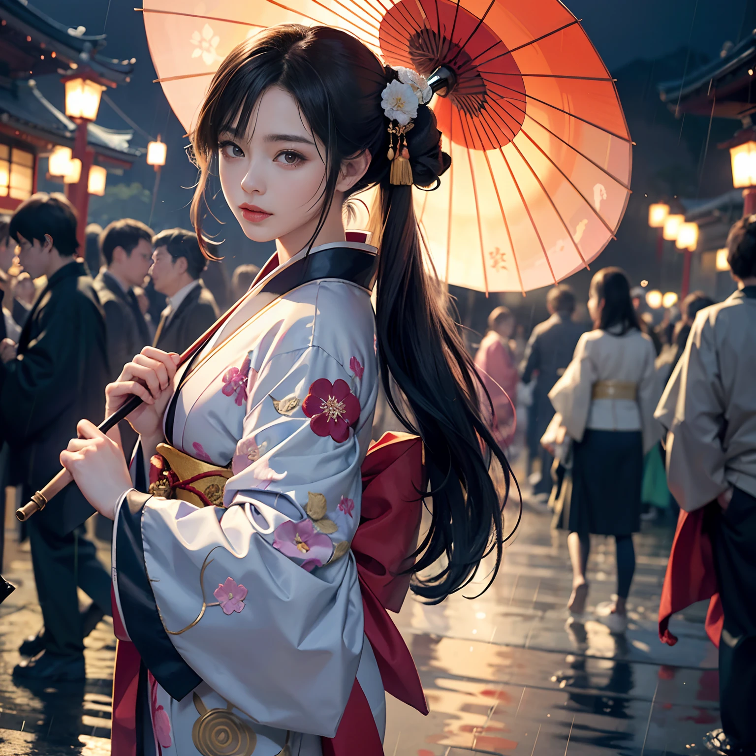 Detailed background(rain is falling,Temples and shrines in Kyoto(Crowds,Person holding an umbrella々)),Turning around and holding hands with viewers,BREAK,elaborate costume{Luxury kimono(Colorful kimono(detailed embroidery,))}、1girl in(Japanese Idol(actress):1.2)(face perfect:1.2),Depicting a beautiful and classy adult woman,glossy dark hair(poneyTail),Heart in the eye, Wallpapers 16K,Blur the background with a sickle,((masutepiece)), ((Best Quality)),{{a portrait photo of}},full body Esbian