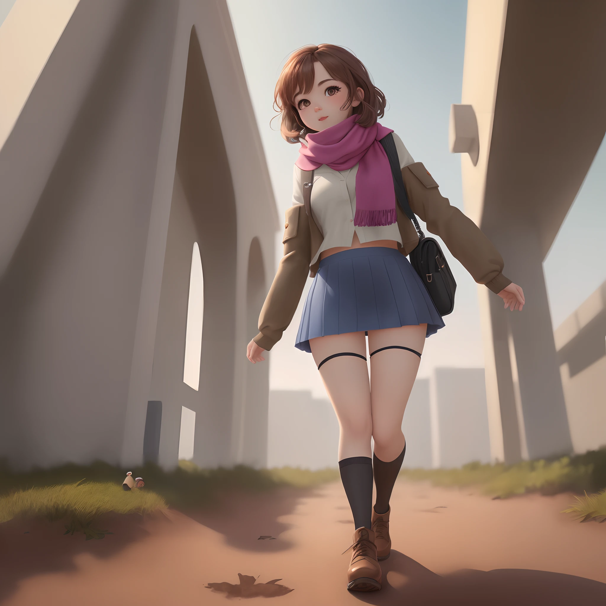 Highest quality, ultra-details, best work, highest resolution, 8K

the picture is a cartoon girl with a scarf and a scarf over her shoulder, 1girl, scarf, solo, brown hair,、
(full body) (mini skirt:1.3),(Stockings:1.2),
thigh-highs:1.4

The view of the ground, the ground