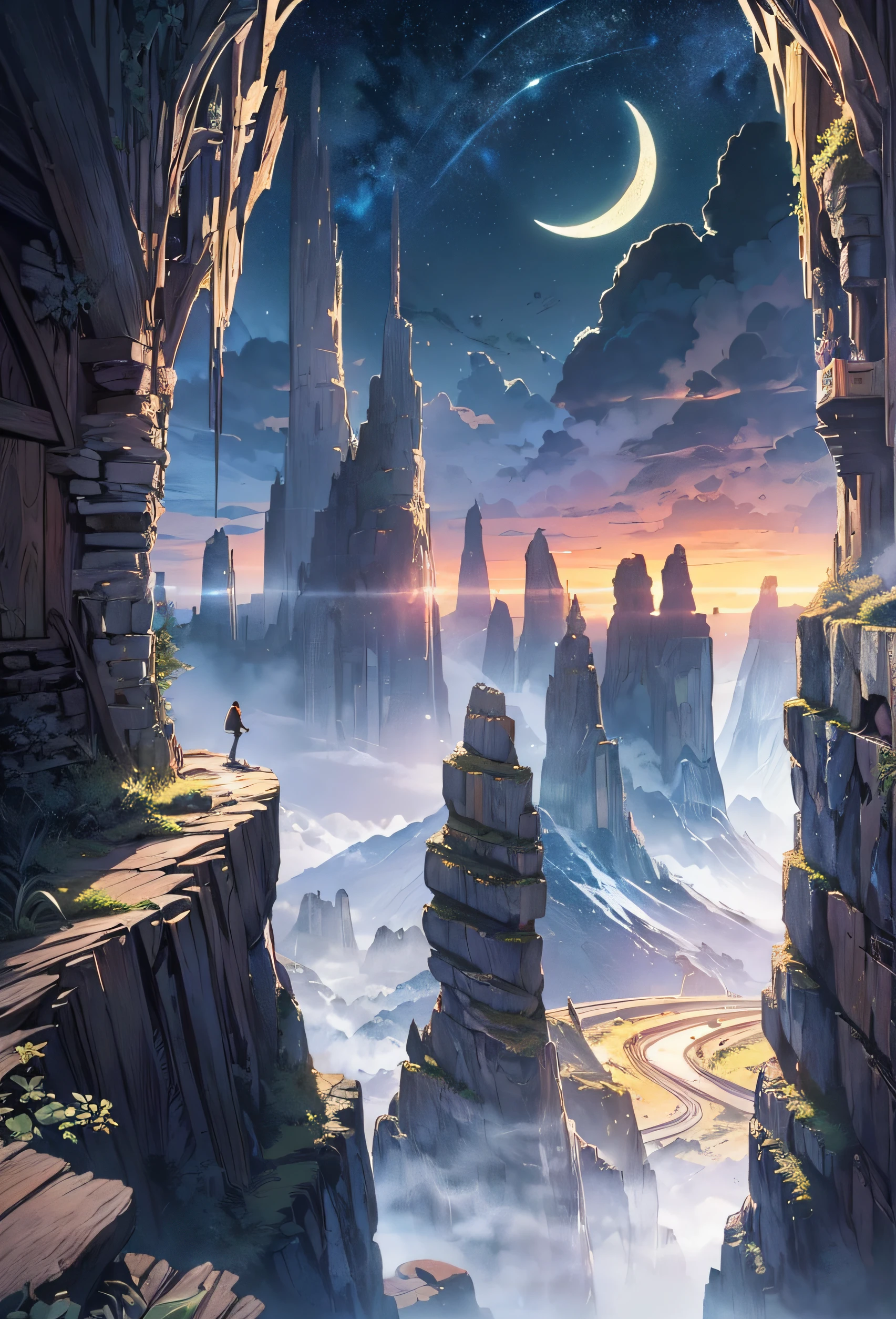 Very good 8KCG wallpapers, very fine 8K CG wallpaper, watercolor (medium), (((dark, Dark Night, Deep Night, the moon))) ((Sky color: dark blue)) (((Natural Background, rock formations, wood))), cliff, Mountain Summit ((plein air)) (((Character Deletion))) (((Excluding people)))