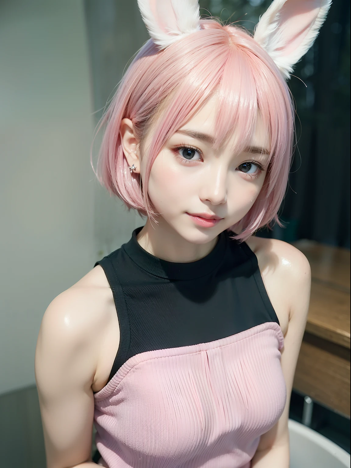 Pink short cut hair、Beige knit sweater、Pink short cut hair,(8K, top-quality, masterpiece:1.2), (realisitic, Photorealsitic:1.37), ultra-detailliert, 1 girl in, full body Esbian, rain is falling, outdoor bath(Adjusted hair:1.5) white t-shirts、Skinny Jeans、cute little、独奏、Beautiful detailed sky、(A smile:1.15)、(Mouth closed)、tiny chest、Eyes in Beautiful Details、(short-hair:1.2)、Floating Hair NovaFrogStyle、masuter piece、Pink Shortcut Bob、Realistic rabbit ears、Pink realistic rabbit ears、Realistic ears of rabbits sticking out of the head、Pink hair、Beautiful girl in her 20s、Bewitching atmosphere、Beautiful shaped hands、K-POP、Pink rabbit ears、1 girl in、独奏、masterpiece、top-quality、realisitic、Hyper-detailing、(Glossy skin:1.4)、absurderes、short pink hair、Slender beauties、动态照明、hight resolution、foco nítido、depth of fields、(thick thight:1.0)、A slender :1.2,((Short-cut bob hair))、((k pop:1.3)),Highly detailed facial and skin texture、((魅惑的)),Anatomically correct number of fingers,Correct anatomy