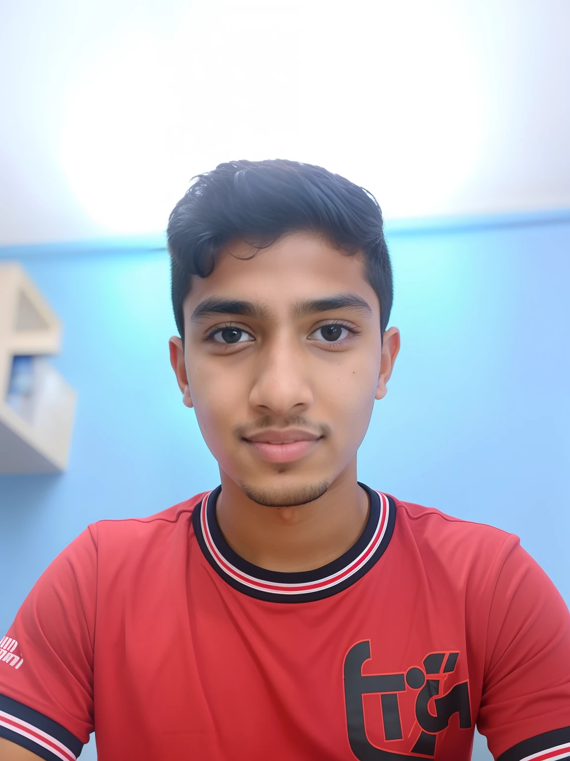 there is a young boy that is sitting at a table, with accurate face, face picture, mohamed chahin, without beard, frontal picture, portait photo profile picture, 8k selfie photograph, jayison devadas, taken with sony alpha 9, very accurate photo, front profile!!!!, selfie photo, very very low quality picture, facebook profile picture, with kind face