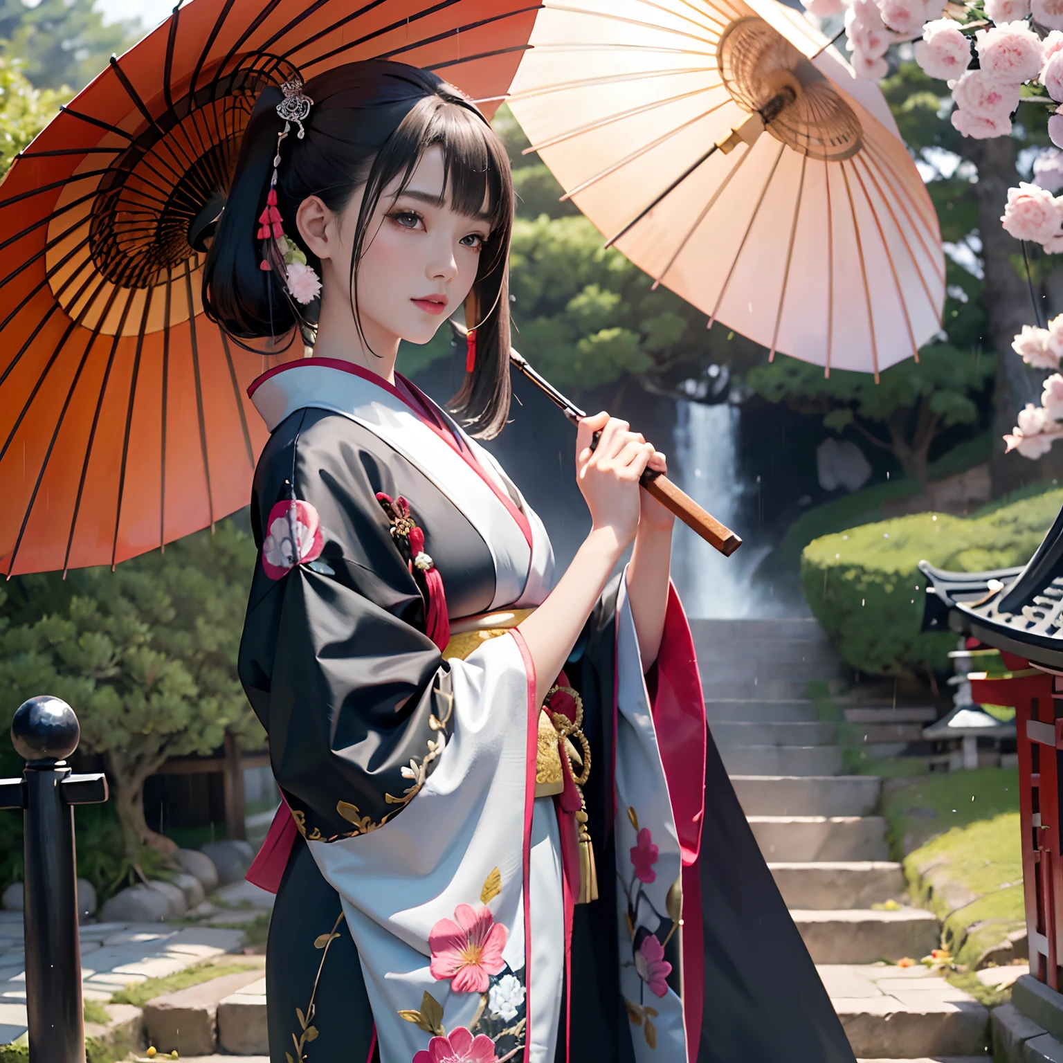 Detailed background(rain is falling,Temples and shrines in Kyoto(Person holding an umbrella々)),Turning around and holding hands with viewers,BREAK,elaborate costume{Luxury kimono(Colorful kimono(detailed embroidery,))}、1girl in(Japanese Idol(actress):1.2)(face perfect:1.2),Depicting a beautiful and classy adult woman,glossy dark hair(poneyTail),Heart in the eye, Wallpapers 16K,Blur the background with a sickle,((masutepiece)), ((Best Quality)),{{a portrait photo of}},full body Esbian