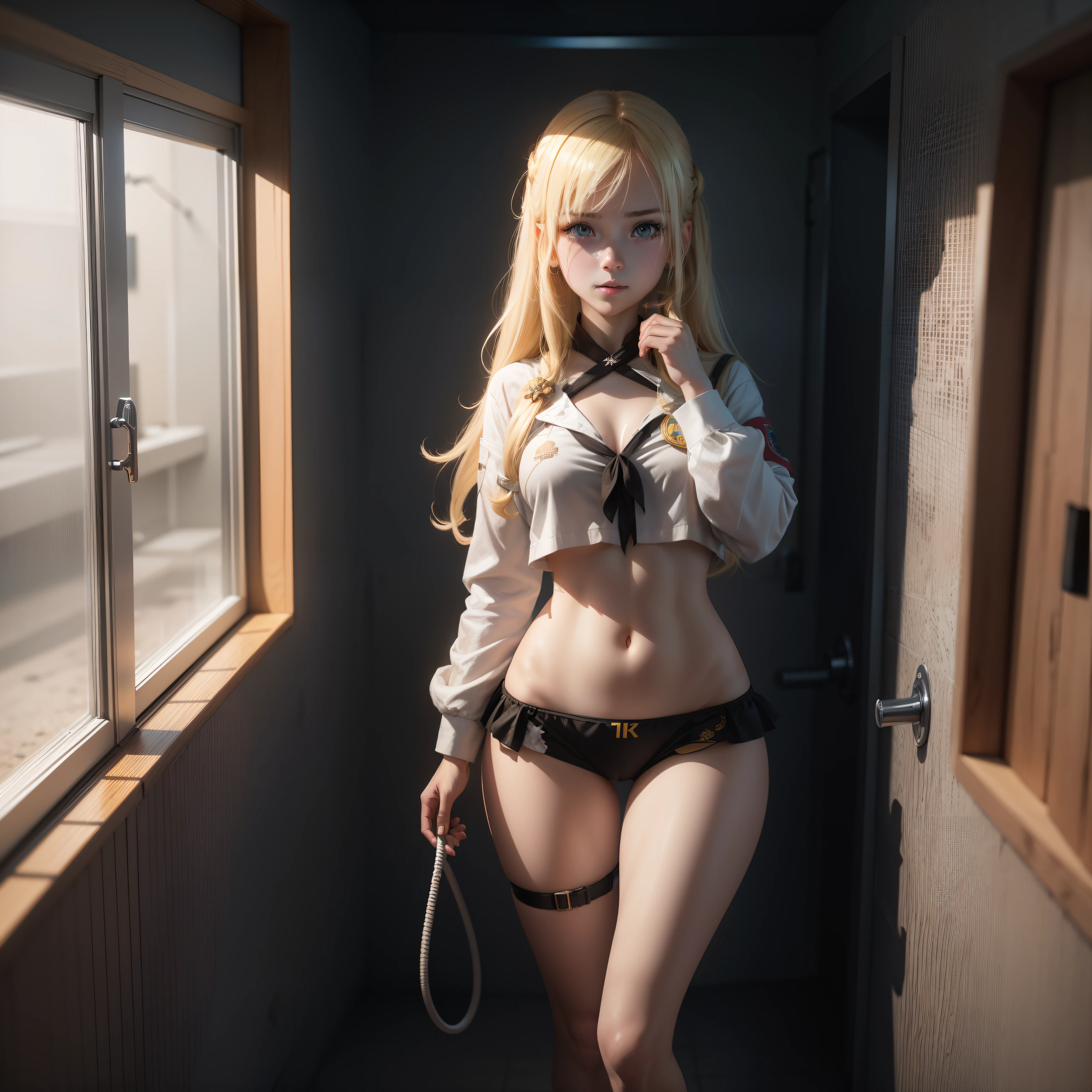 Destroyed aircraft carrier,ukrainian girl , Ukrainian anime girls , , Ukraine , Full body composition of young girl with messy bright blonde hair, eye make up, 13 year old, Soft lighting, Solo,, badges, Pose, Blotch color, Octane Render, Hyperrealistic intricate detail, Cinematic, 8K resolution, 70mm, Accent Lighting, Global Illumination, Full body portrait, clean detailed faces, poneyTail,Cute face,, Slim legs,at shower room,Underwear,