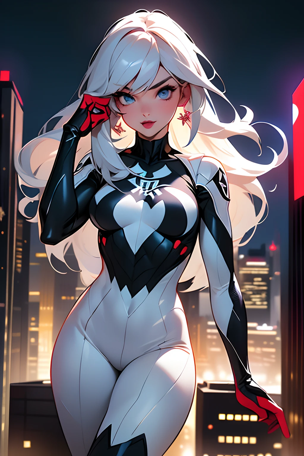 (Masterpiece, 4k resolution, ultra-realistic, very detailed), (White superhero theme, charismatic, there's a girl on top of town, wearing Spider-Man costume, she's a superhero), [ ((perfect face), (perfect eyes), (long white hair:1.2), full body, (blue eyes:1.2), ((Spider-Man pose),show of strength, jumping from one building to another), ((sandy urban environment):0.8)| (cityscape, at night, dynamic lights), (full moon))] # Explanation: The Prompt mainly describes a 4K painting of ultra-high definition, very realistic, very detailed. It shows a superheroine at the top of the city, wearing a Spider-Man costume. The theme in the painting is a white superhero theme, the female protagonist has long white hair, young woman, and her entire body is shown in the painting. In terms of portraying the actions of superheroines, spiders are employed